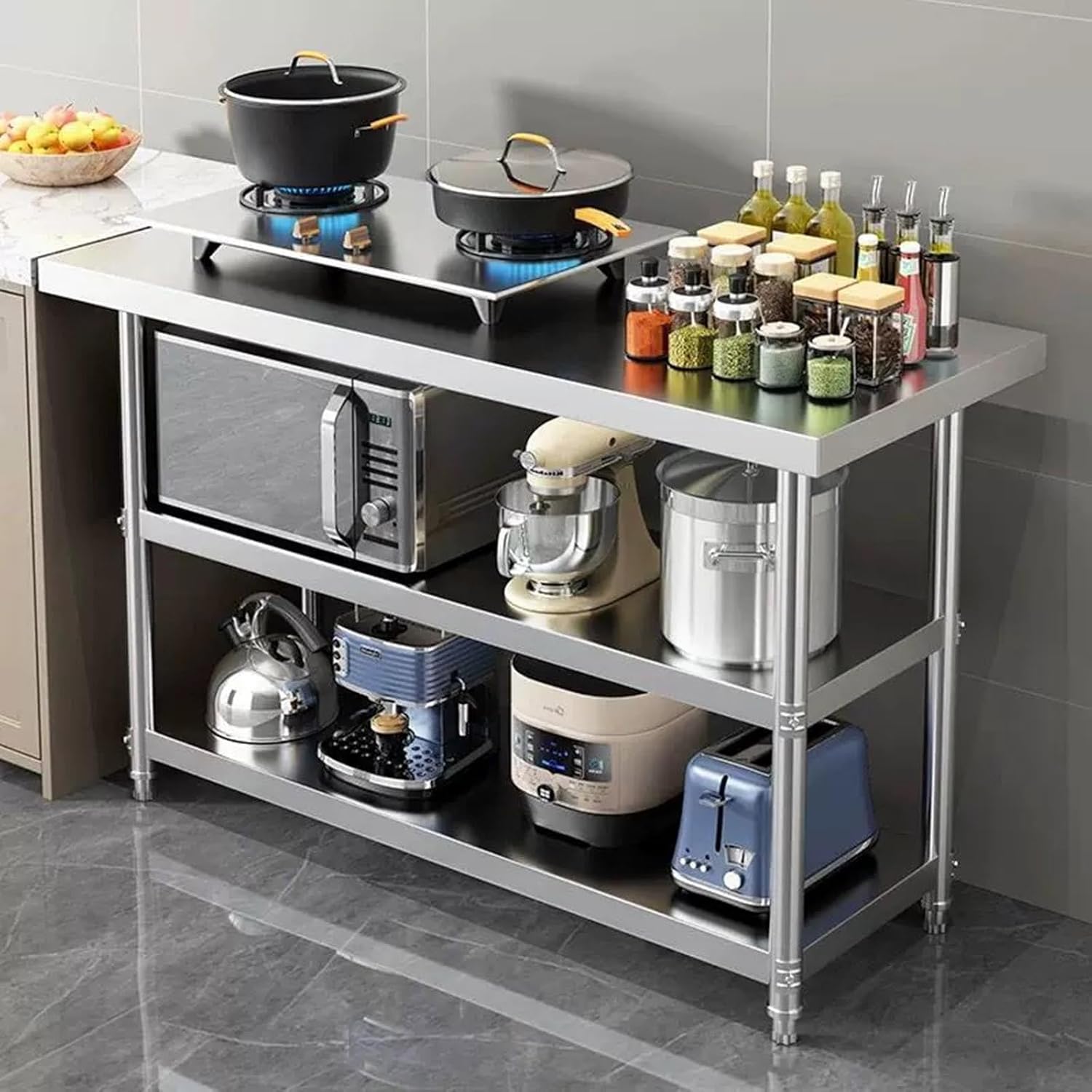 Freestanding Work Table Commercial Kitchen Work Table Stainless Steel Three-tier Work Table Rotatable Adjustable Feet Open Shelves Kitchen Preparation Counter Metal Table(80x50x80cm/31.5x19.7x31.5")