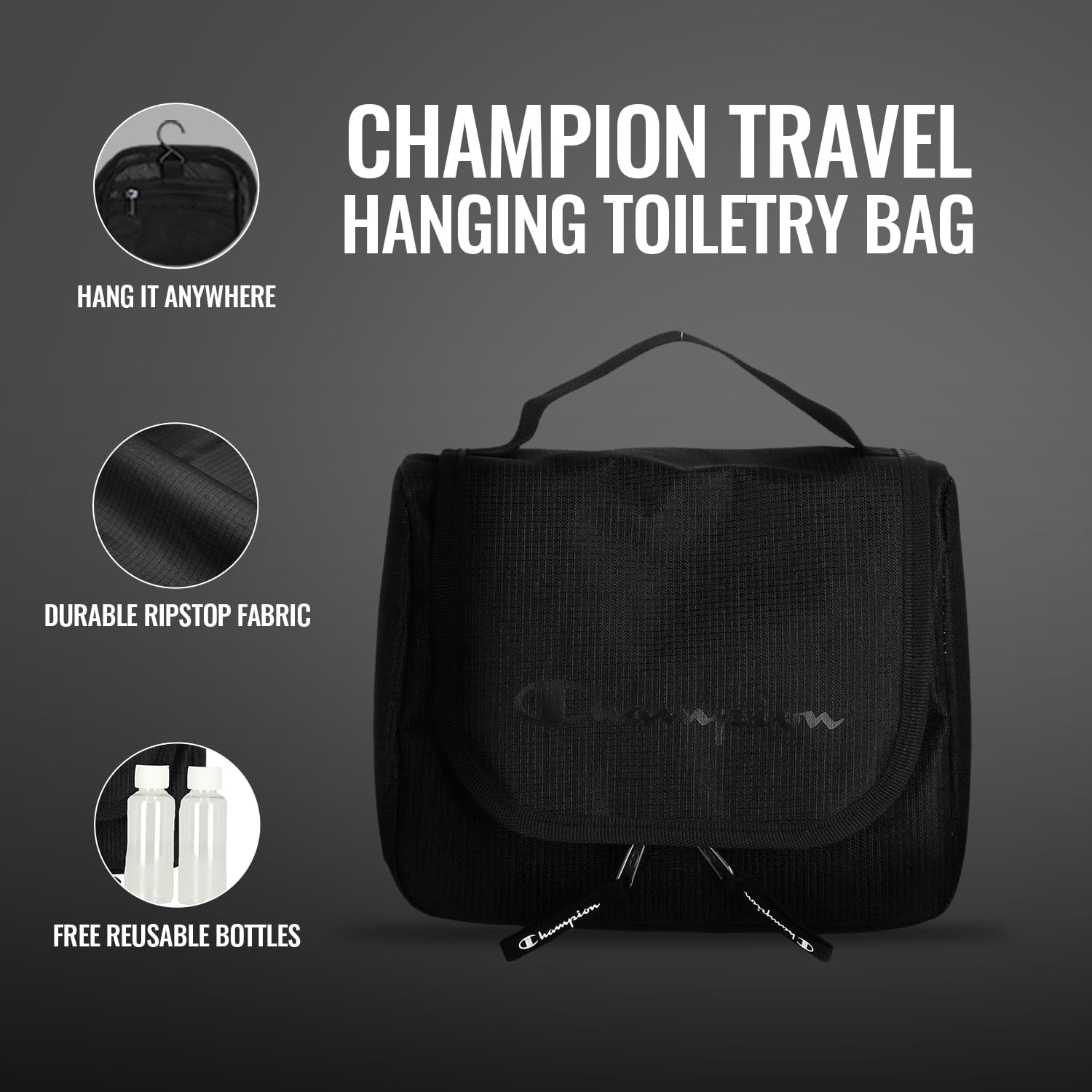 Champion Travel Hanging Toiletry Bag for Women & Men - Travel Size Bag with Hook - Lightweight Bag for your Makeup, Bathroom Accessories, Shower Bag Organizer & Camping Essentials - True Black