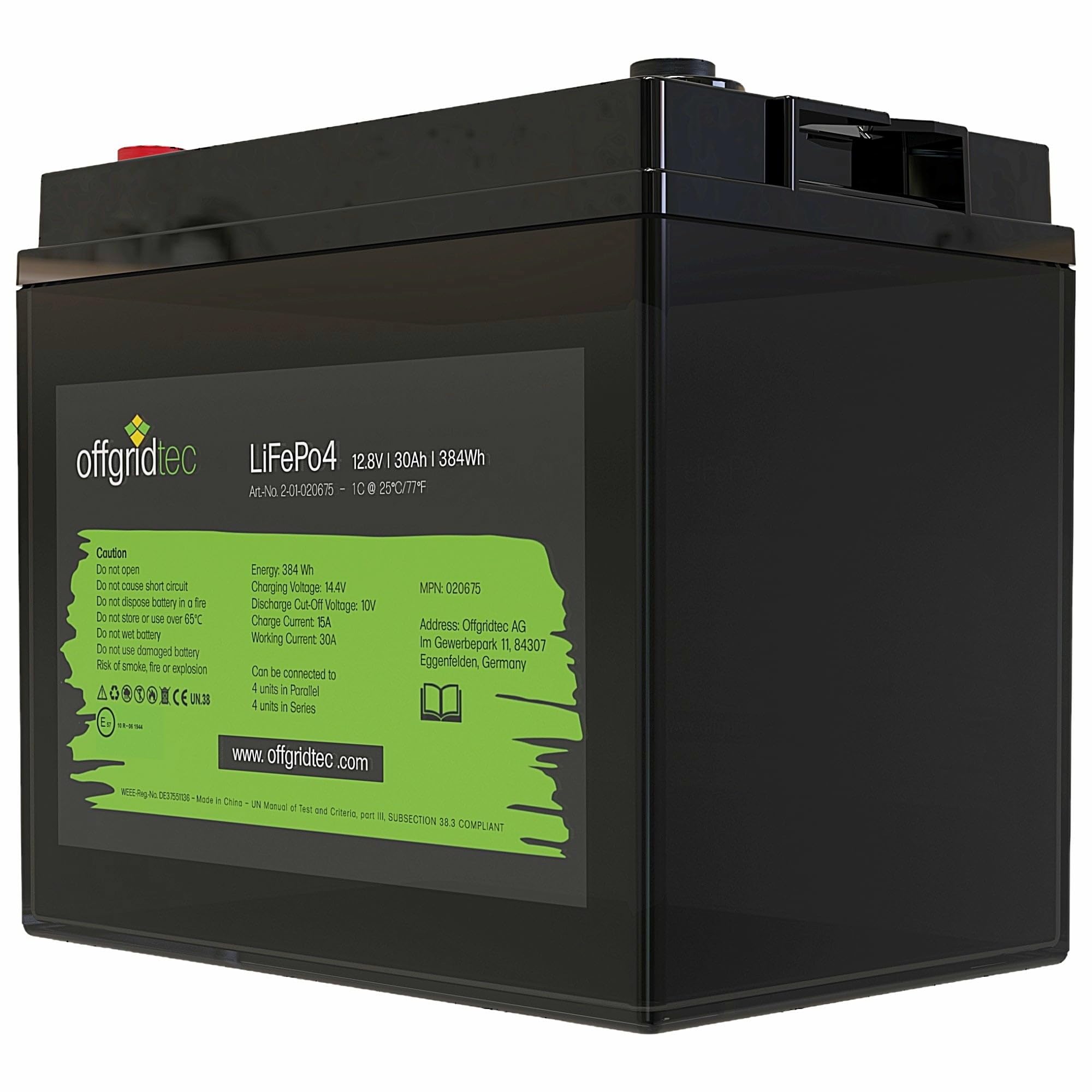 Offgridtec LifePo4 - Batería para BMS (12/30, 12,8 V, 30 Ah, 384 Wh, integrada)