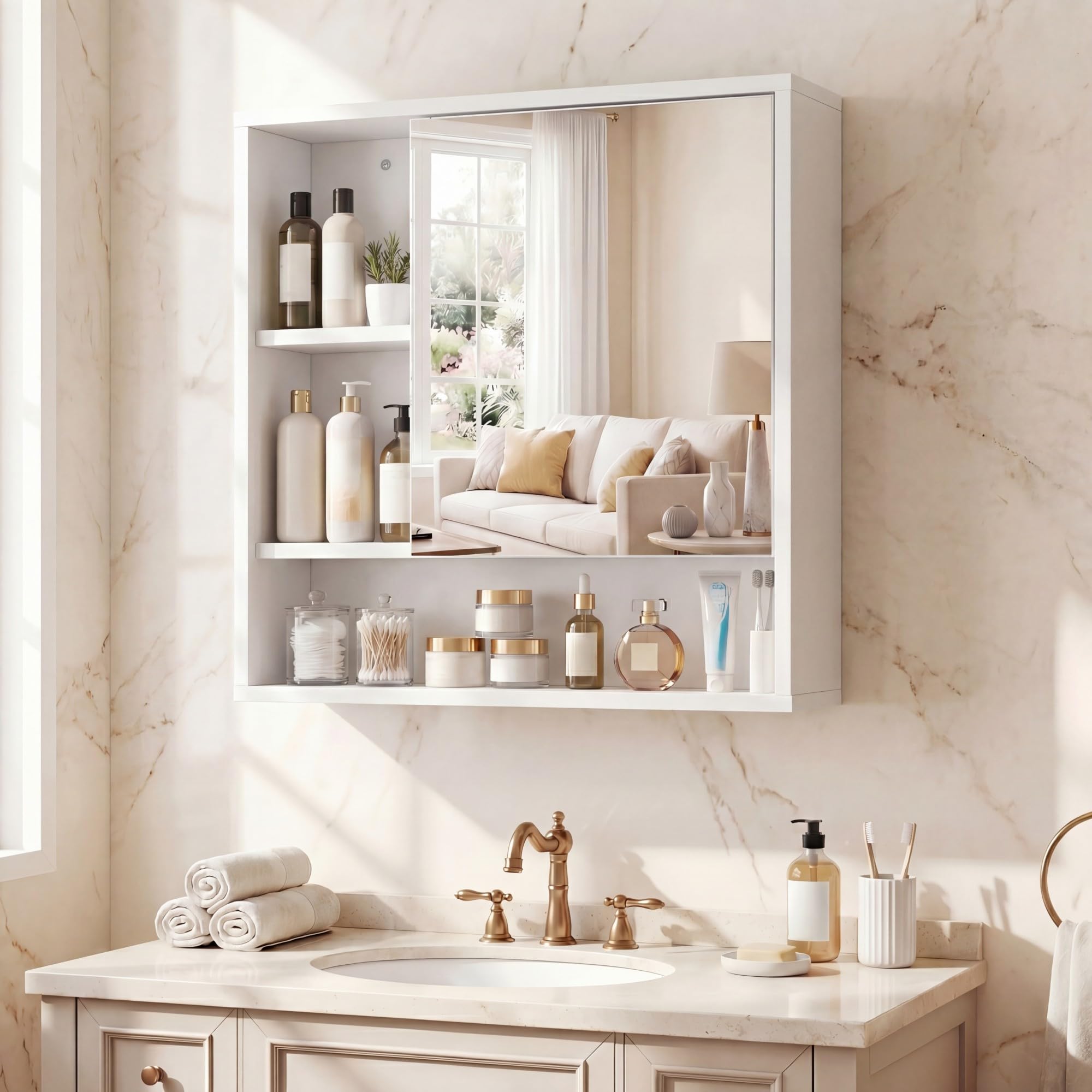 LIFEZEAL Armadietto da Parete per Bagno con Specchio, Mobile per Bagno con Mensola Regolabile e Rimovibile, Scomparto Aperto, Porta a Specchio, per Soggiorno, Ingresso, 55 x 16 x 61 cm (Bianco)