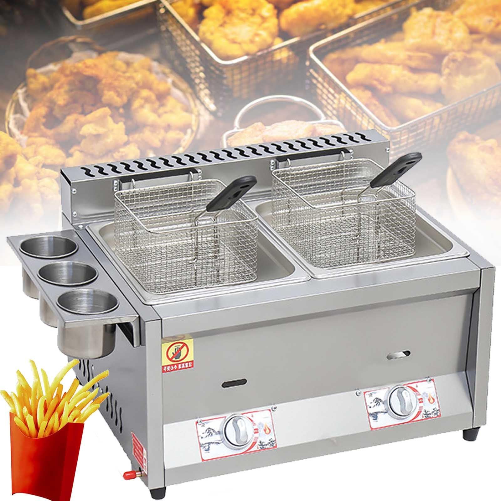 Freidora de gas, freidora comercial de GLP de acero inoxidable con control de temperatura, cestas de freír y tapa para restaurante y cocina doméstica, capacidad de 8 litros