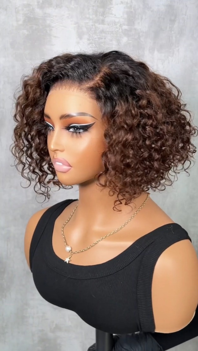 Brown Asymmetrical Bob Wig 2020 Short curly Wig Smart-Fit Pull Go Ombre Brown Curly Layer Cut Bob Wig  main image 3