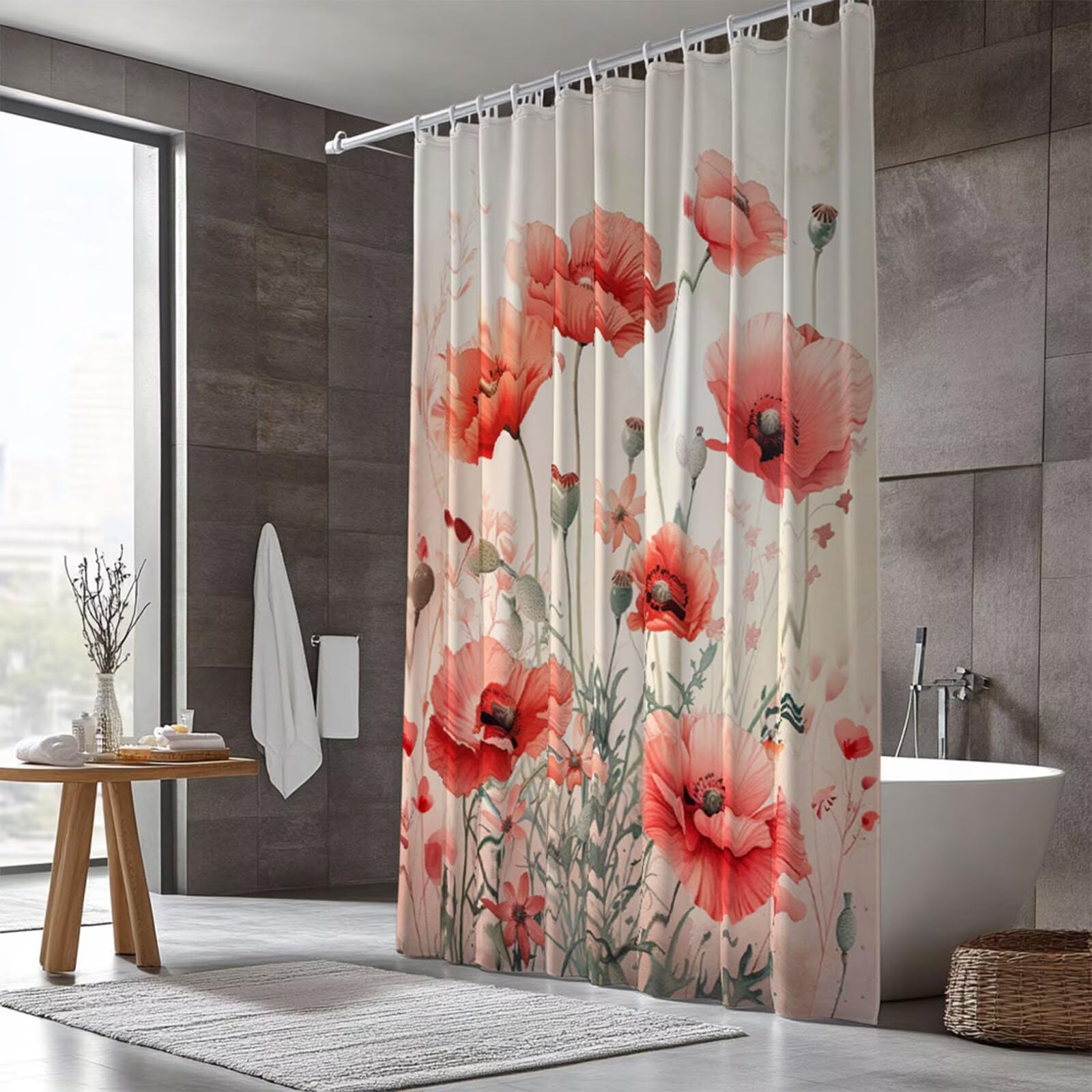 Duschvorhang Überlänge 200x240cm,Rosa Duschvorhänge Waschbar, Mohn Duschvorhang mit Gewicht, Wasserabweisend Stoff Shower Curtains, mit 12 Plastik Duschvorhangringen für Badewanne und Bad Deko GJ-695