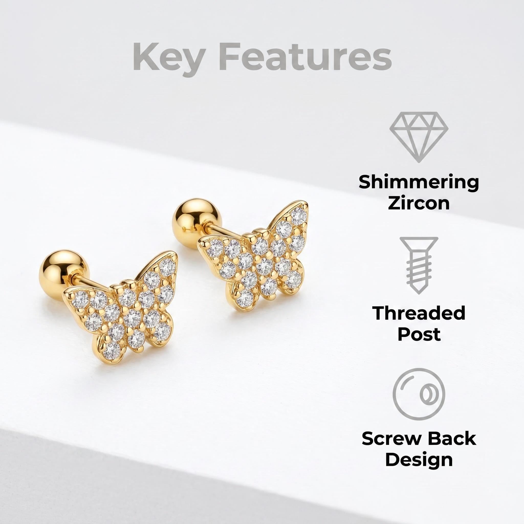 14K Gold Plated Butterfly Stud Earrings for Women Small Hypoallergenic Cubic Zirconia Earrings Trendy Dainty Cute Screw Back Ear Studs Minimalist Everyday Wear