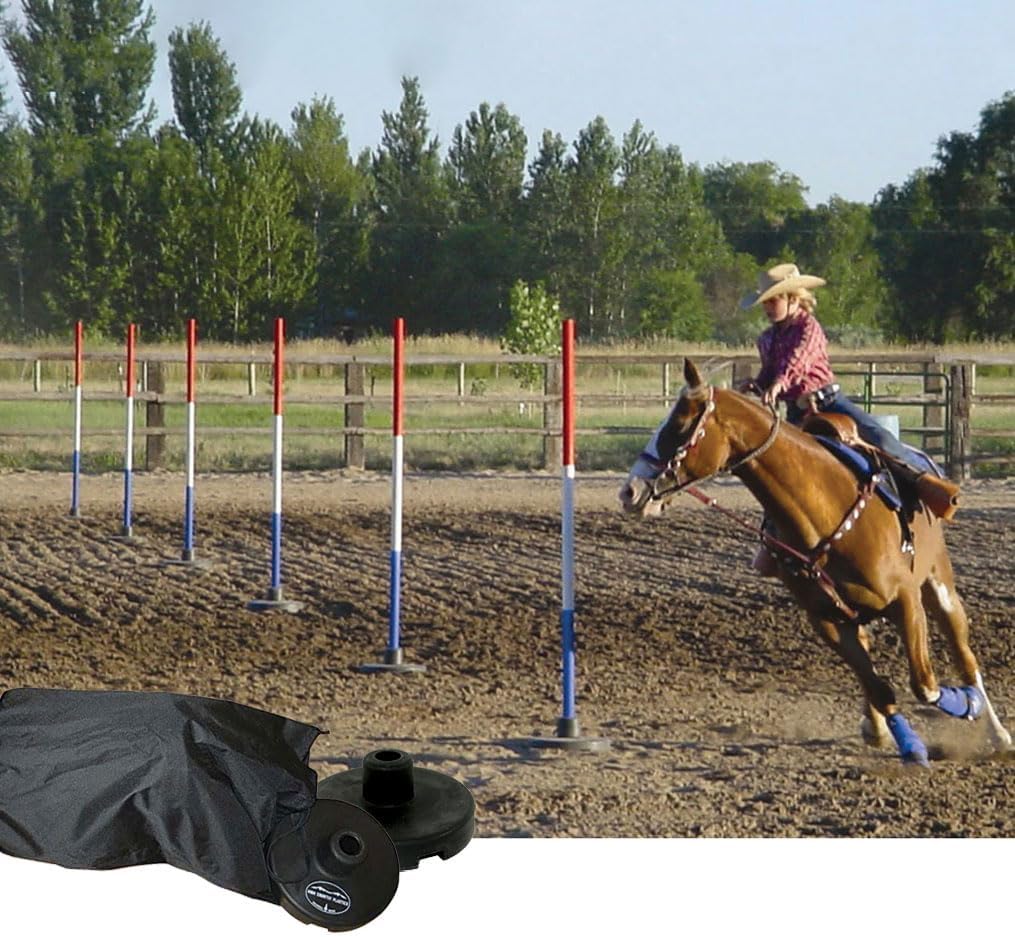 Country Pride Complete Pole Bending Kit, Set of 6 Red, White, and Blue Poles with 6 Sand-Fillable Bases, Impact-Resistant Construction, Easy Assembly and Storage, AQHA Approved, Storage Bag Included