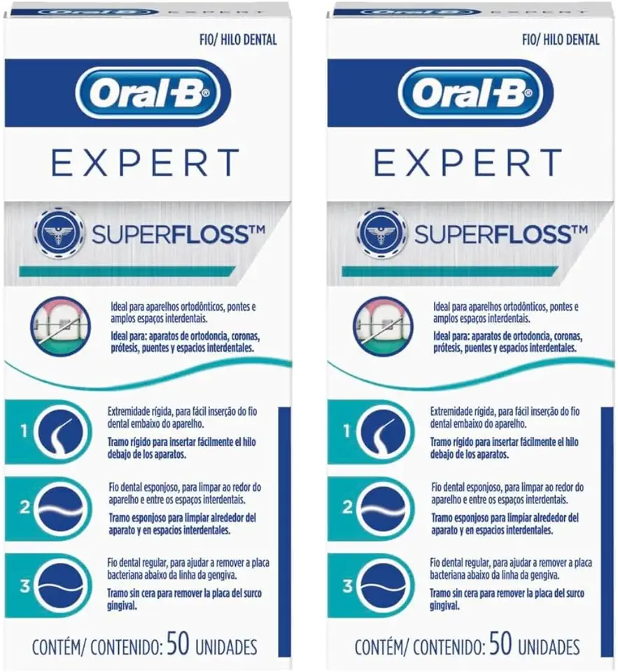Kit Com 2 Fio Dental SuperFloss Expert | 50 Unidades | Ideal Para Aparelhos Ortodônticos, Pontes e Amplos Espaços Interdentais