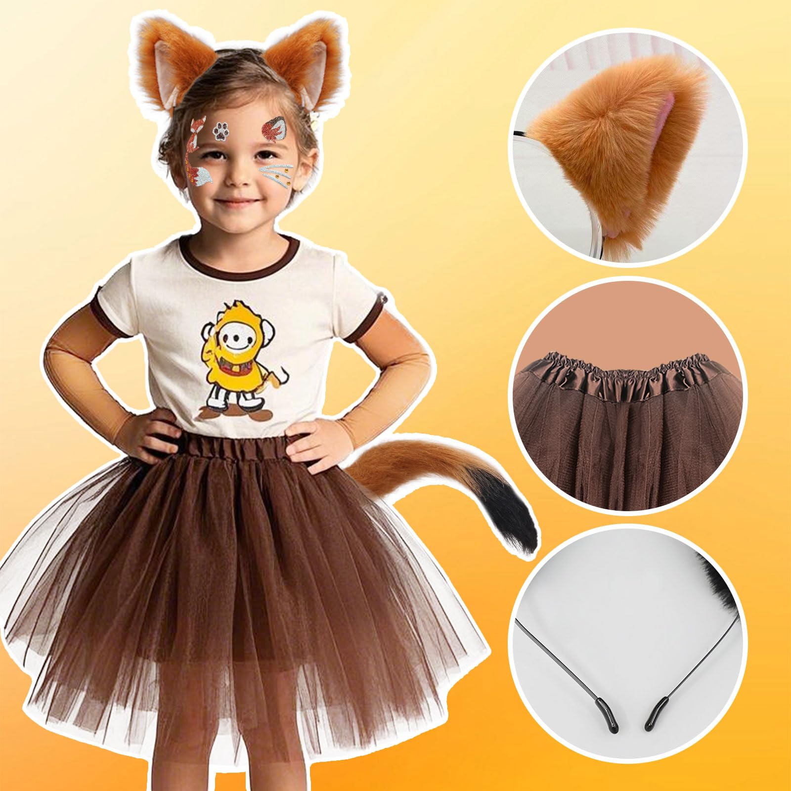 4 pezzi costume da volpe per bambini e adulti, orecchie di volpe finte, fascia per capelli, coda, tutù, gonna, tatuaggi, per travestimenti, cosplay, Halloween, festa mondiale del libro