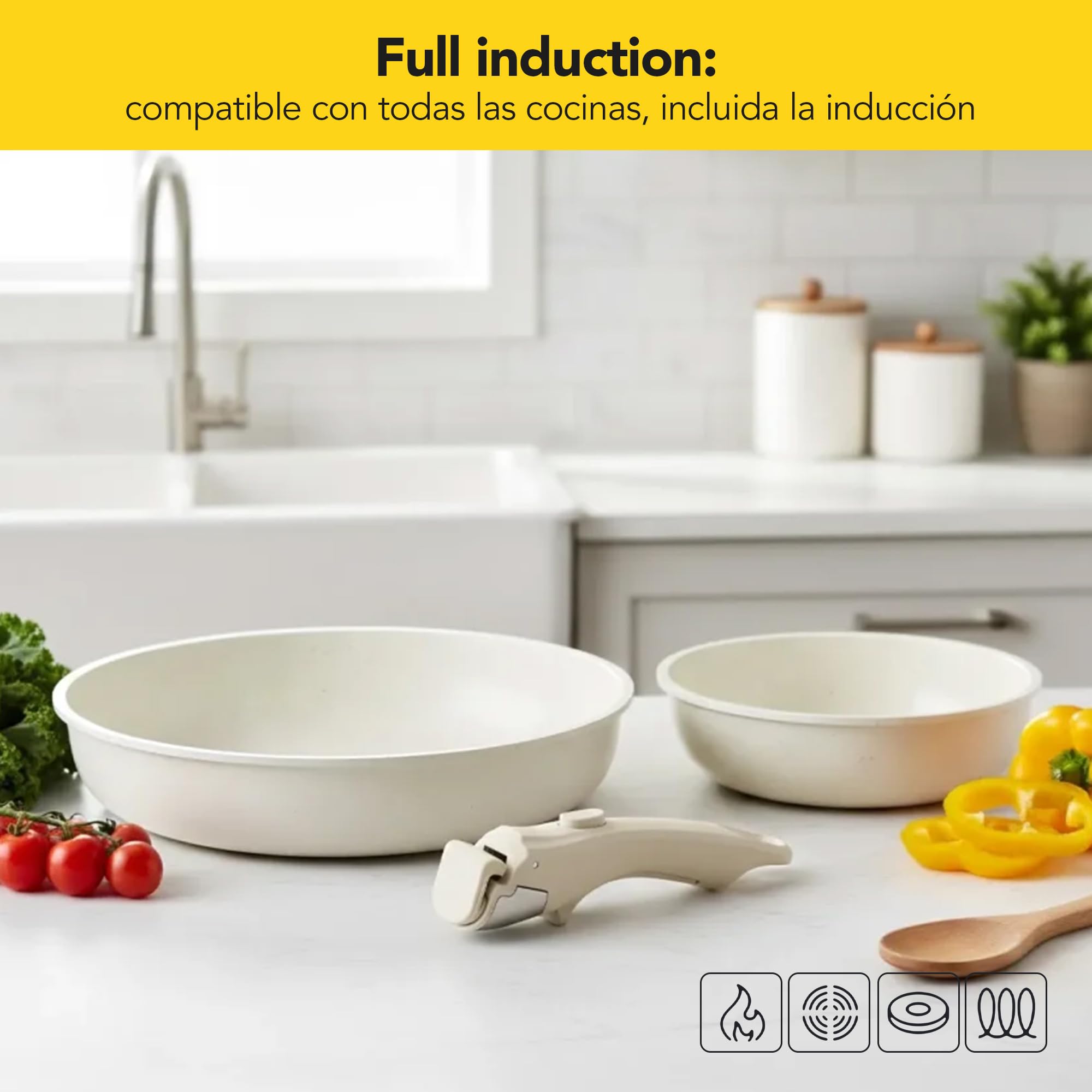 CASTEY - Easy Pan Duo, Set de Sartenes con Mango Desmontable, Aluminio, Doble Recubrimiento Antiadherente, Apto para Horno y Todas las Cocinas, Fácil Limpieza, Blanco
