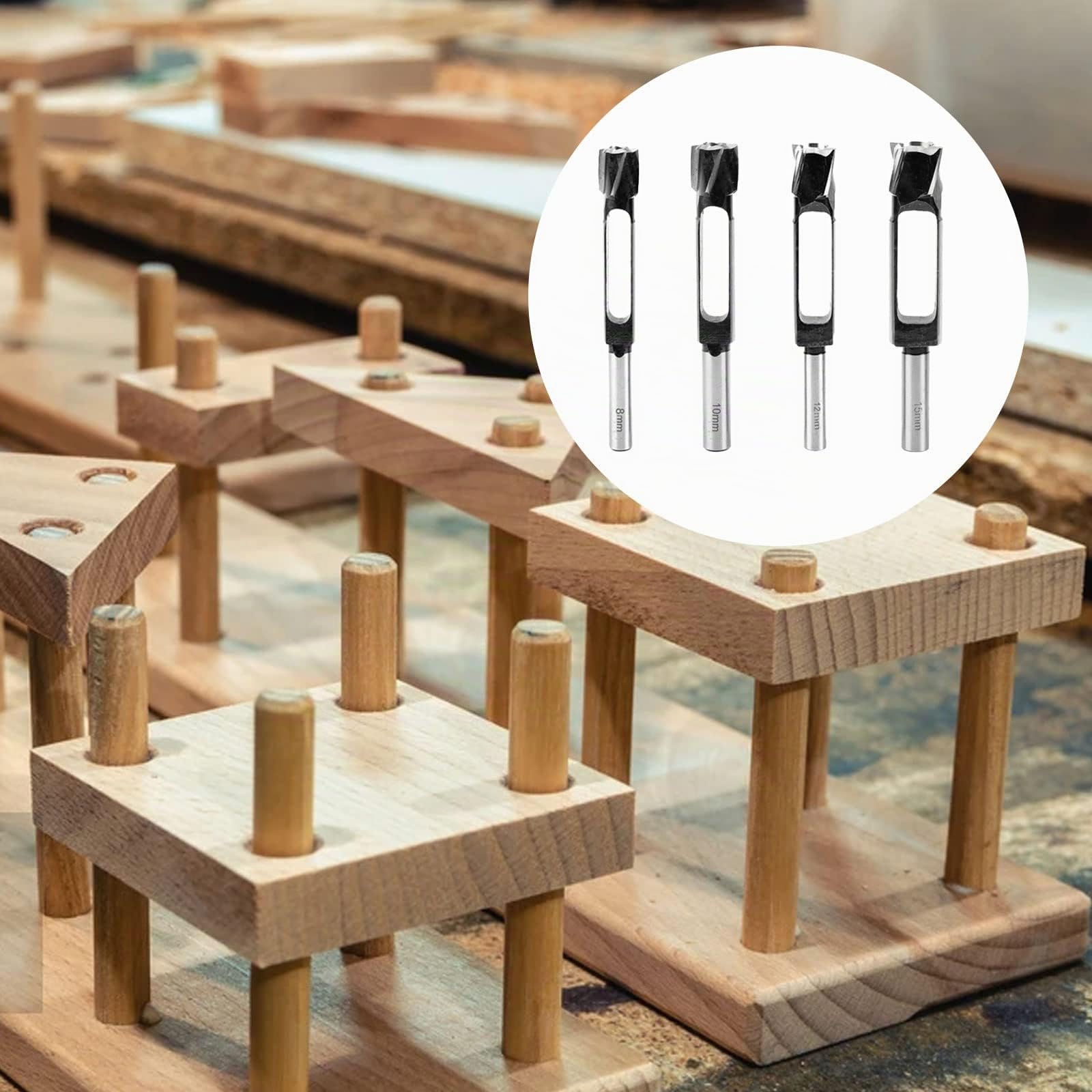 Juego de 4 brocas de espiga profunda para trabajos de carpintería, 8 mm/10 mm/12 mm/15 mm, diámetro cortador de agujeros para madera, cajas de brocas (8 mm/10 mm/12 mm/15 mm)