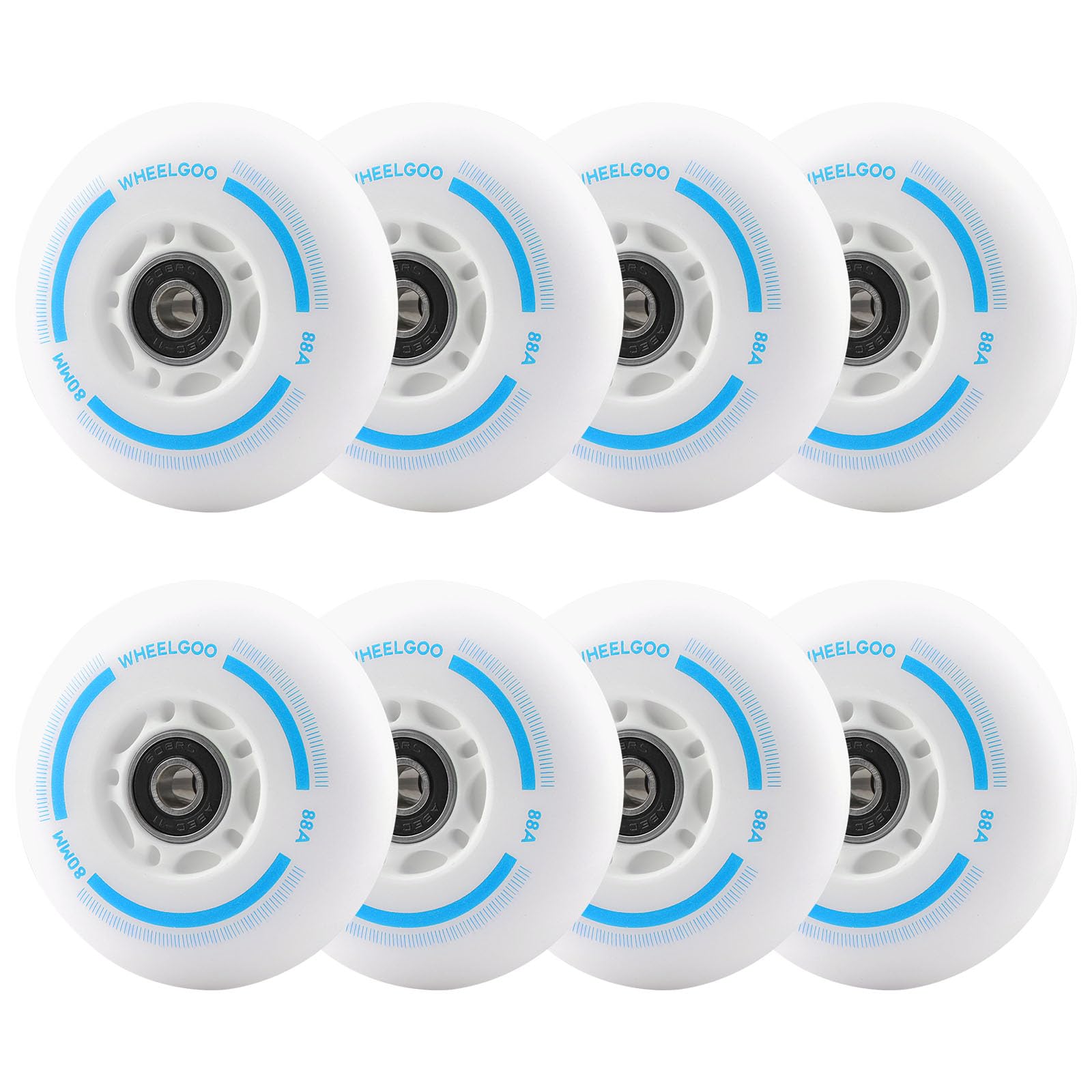 WHEELGOO 8-Pack LED Light Up Inline Skate Wheels for Kids & Teens, No Battery, PU Wheels with 608RS Bearings, Evening & Night Skating (Blue, 80mm)
