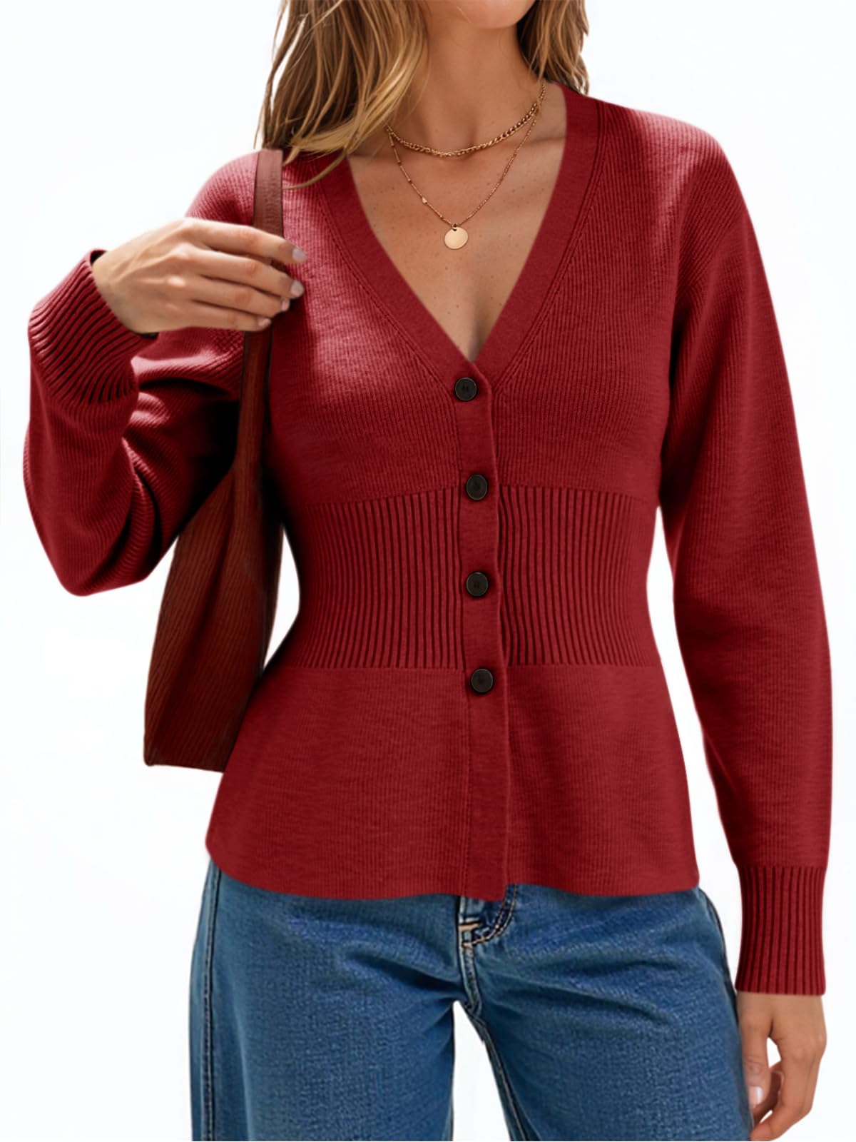 Cicy Bell Womens V Neck Cardigan Sweaters Long Sleeve Cinched Waist Knit Tops Dressy Casual Button Up Fitted