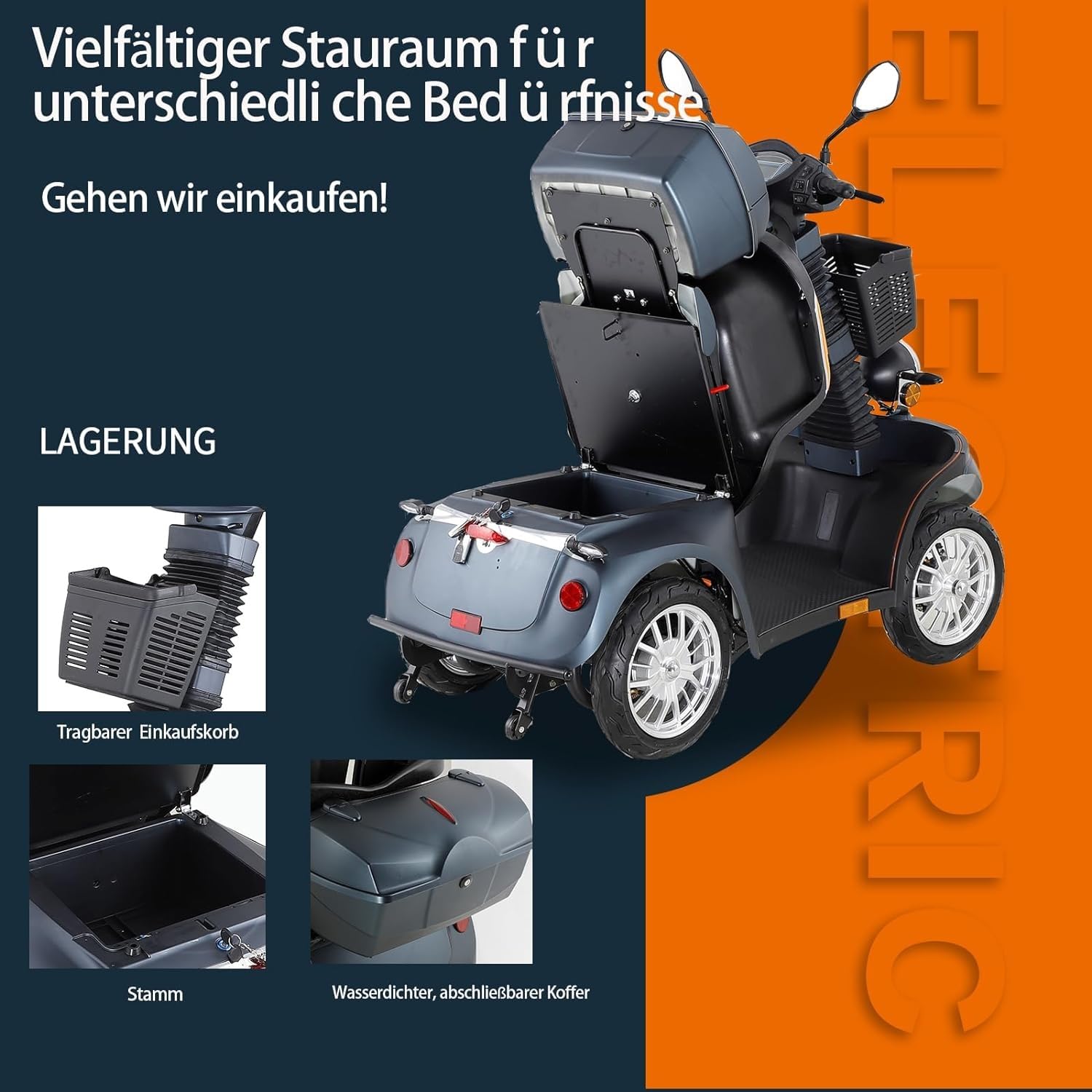 Scooter eléctrico pesado para adultos, con espacio de almacenamiento y maleta bloqueable, asiento giratorio de 360 °, batería 60v 20ah, viaje todo terreno, luces delanteras y traseras (DJ(x) negro)