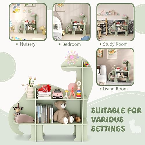 Miniatura 8 de Costzon Estantería infantil de dinosaurio, estantería de madera de 3 niveles, organizador de almacenamiento de juguetes, estante Montessori para