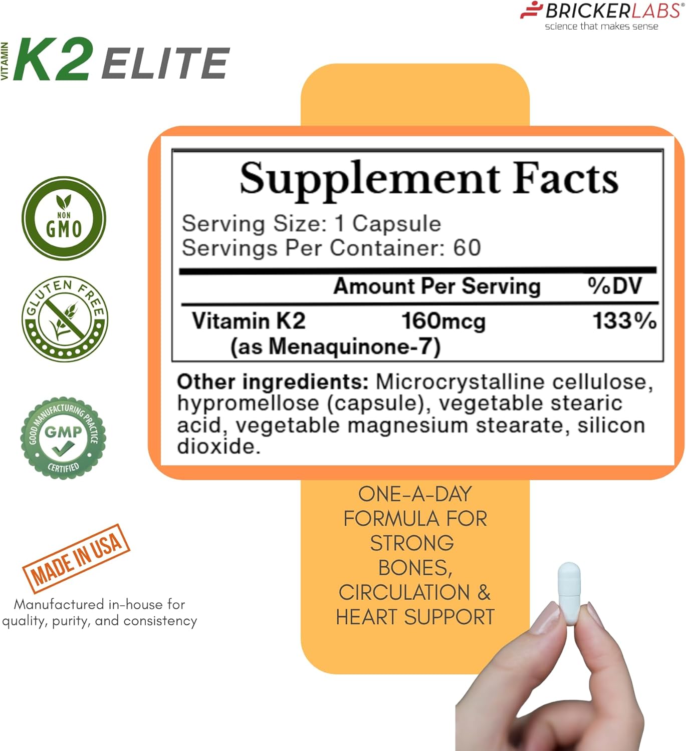 Bricker Labs K2 Elite Vitamin K2 MK-7 Supplement 160mcg, Supports Bone & Heart Health, Calcium Absorption & Circulation – Non-GMO – 60 Capsules - Image 6