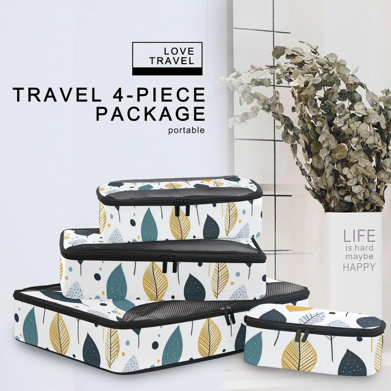 Modern Style Fresh Leaves 4 Pcs set organizers for travel Mesh Travel Essentials expandable travel cubes for packing