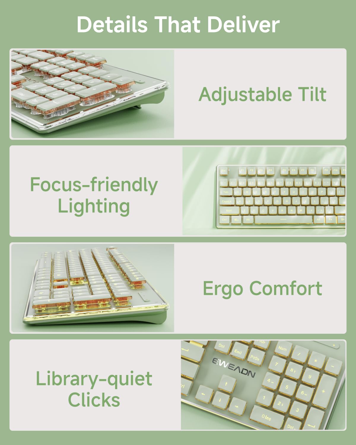 Diagram showing ergonomic features of the keyboard