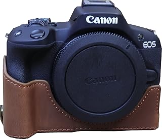 R50 Case, BMAOLLONGB Handmade PU Leather Half Camera Case Bag Cover Bottom Opening Version for Canon Eos R50 with Hand Strap (Coffee)