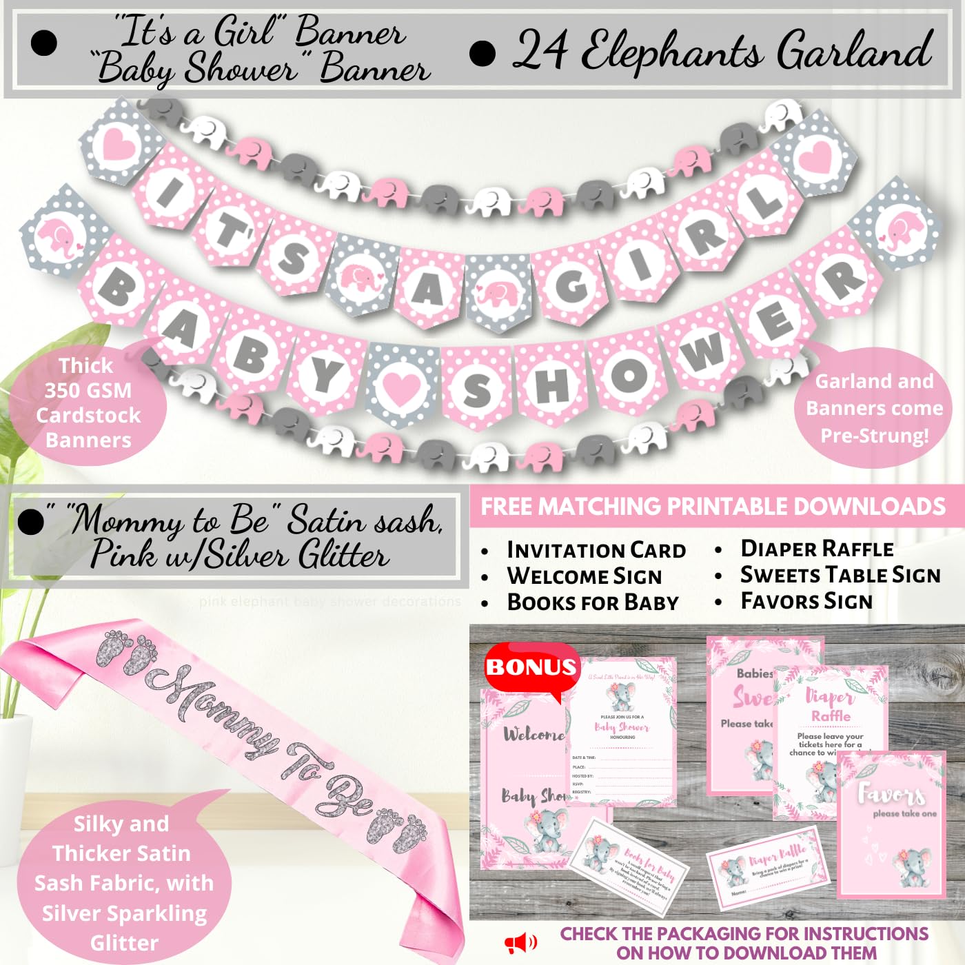 Decoraciones para baby shower de elefante para niña Jumbo Bundle | Es una niña | Rosa Gris Blanco