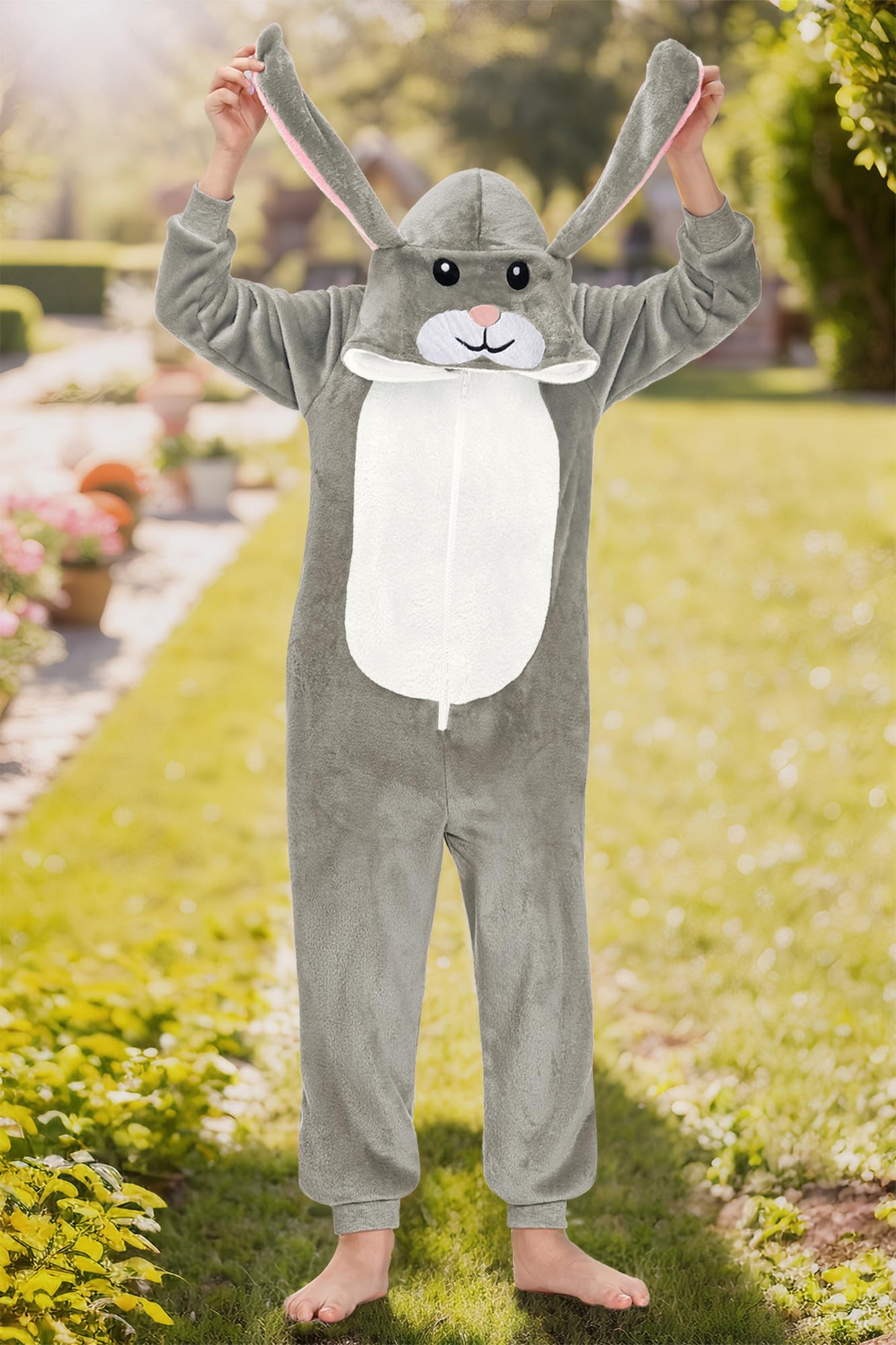 BesserBay Tuta intera unisex per bambini, con cappuccio, per Halloween, coniglietto peloso, 4-14 anni, Grigio | Tuta Coniglio, 8 anni