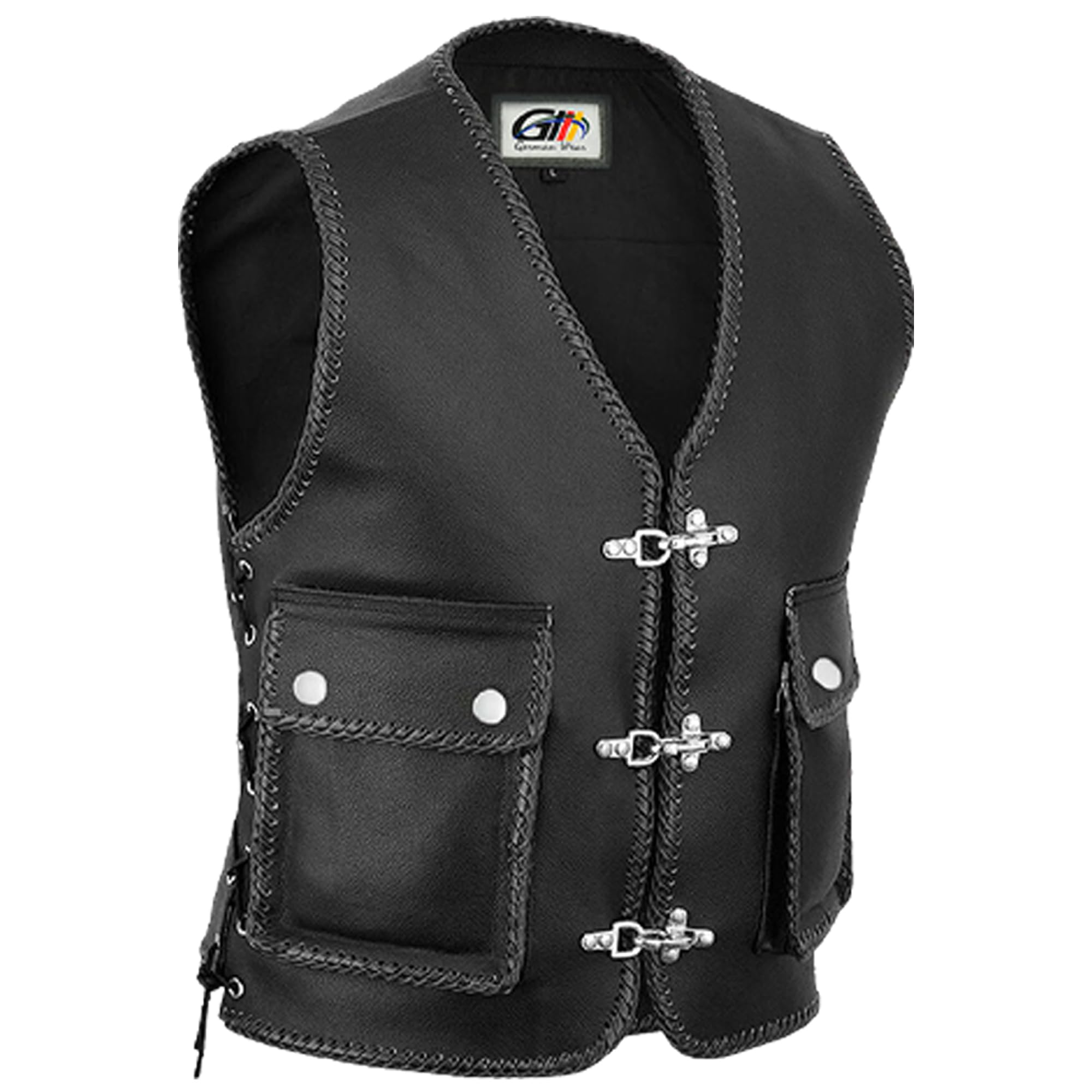 German Wear Lederweste Herren Motorrad Leder Kutte Karabiner Bikerweste Motorradweste geflochten