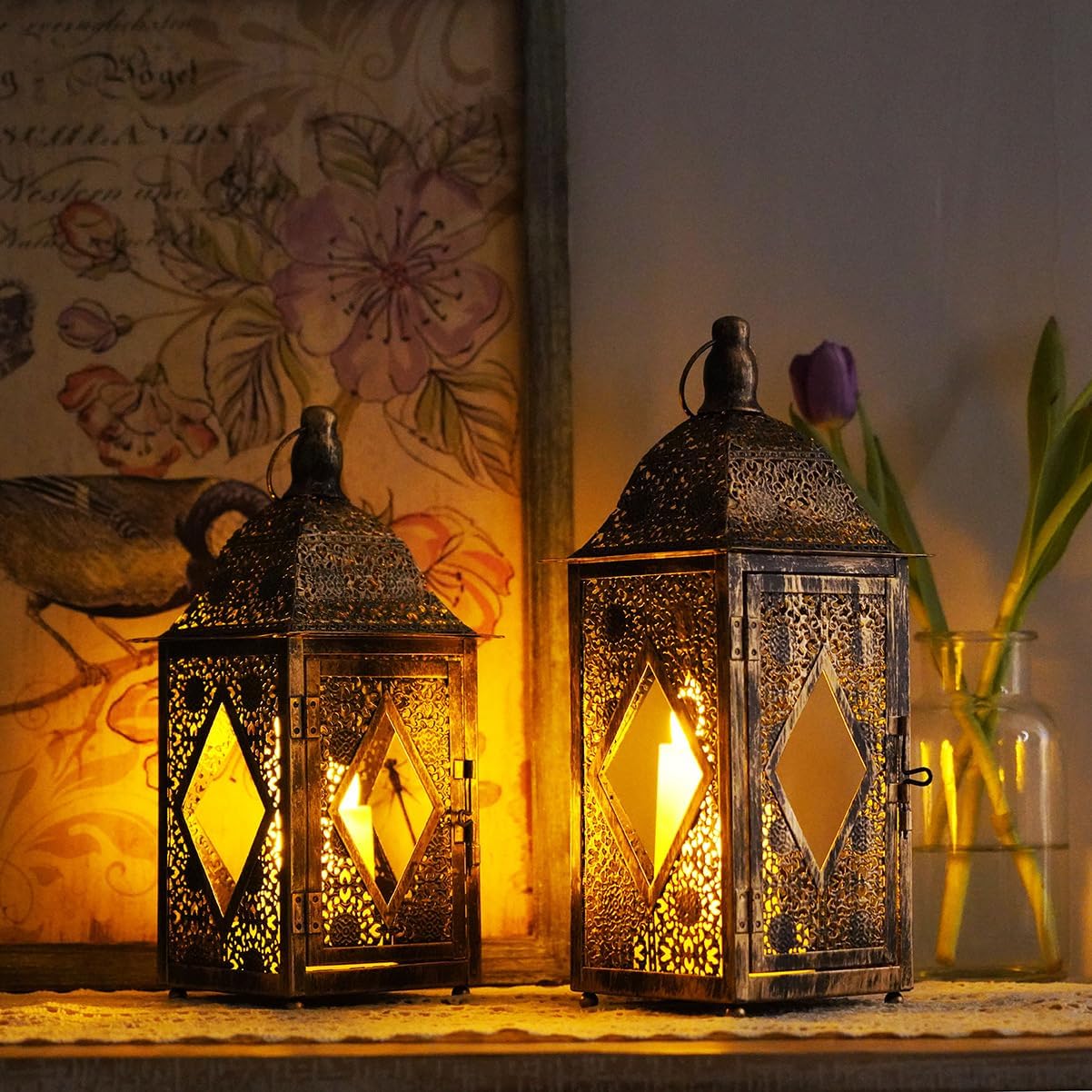 2 Pack Moroccan Lantern Lamp Decorative Candle Holders for Ramadan Decorations, Hanging, Outdoor Patio or Porch, Indoor Home Decor