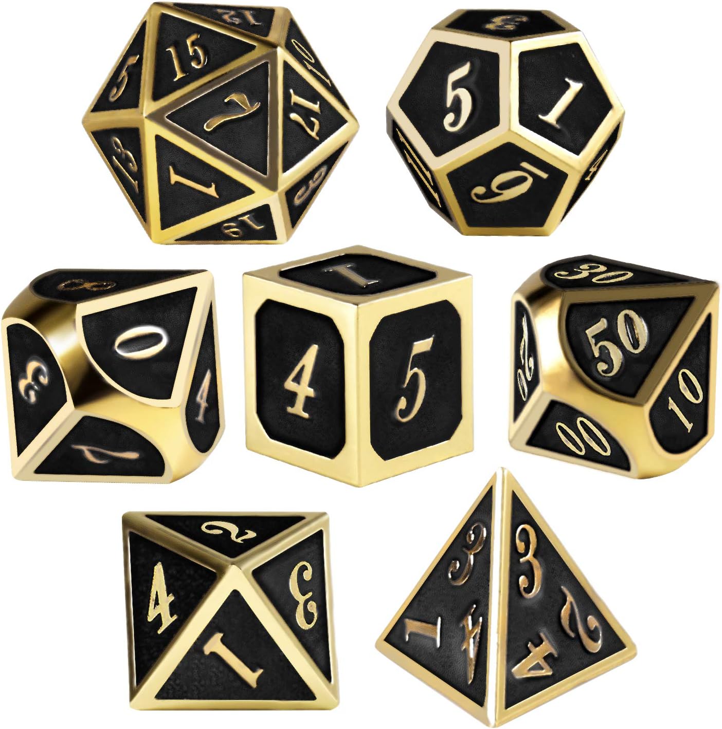 QMAY Metal Dices Set, 7 Pieces Metal D&D Dice Role Playing Dice for Dungeons and Dragons RPG Games & Pathfinder Shadowrun - with Metal Box, Velvet Bag and 2 Pencils(Black Gold) … …