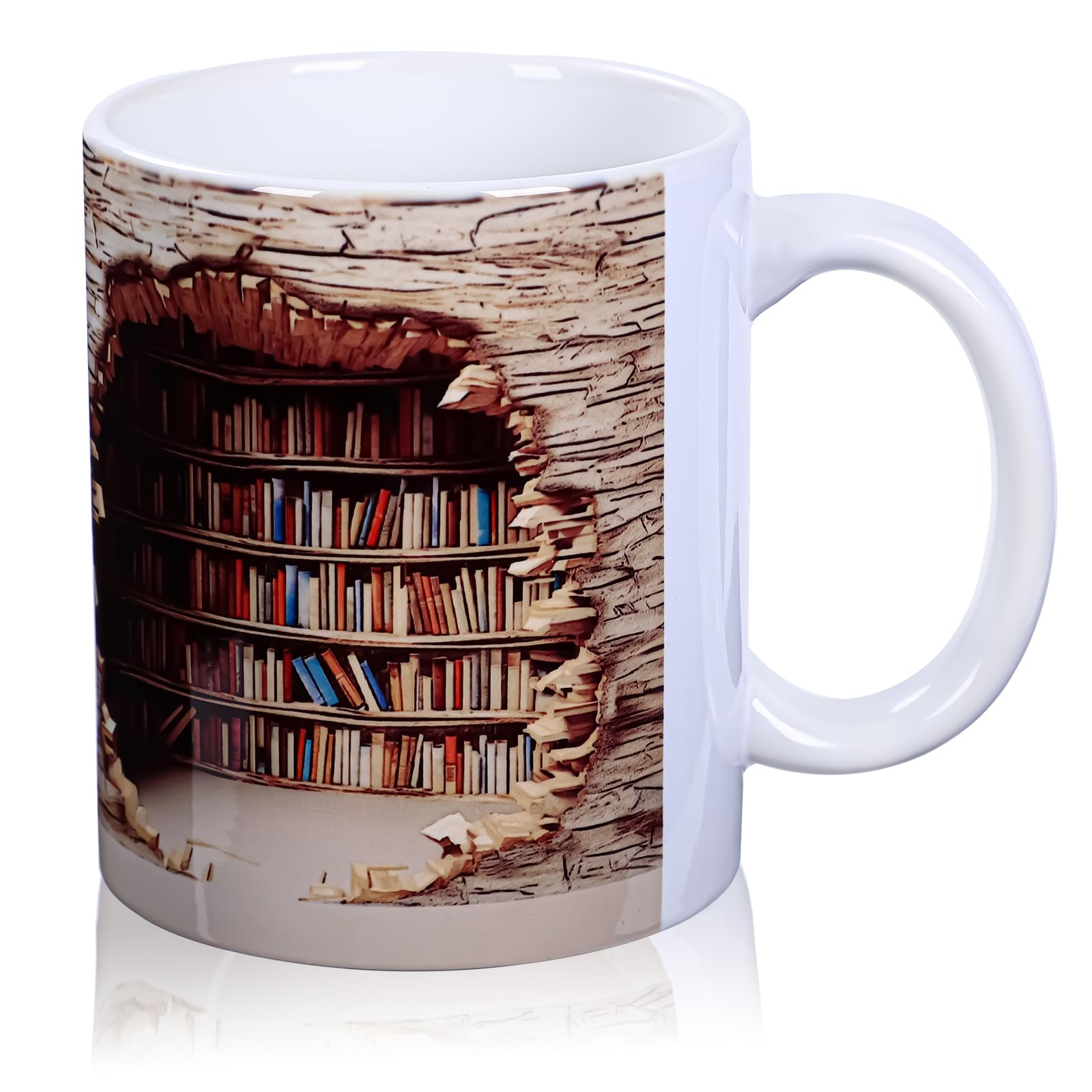Kinwodon 3D Bookshelf Mug, Library Shelf Cup 11 Oz Creative Design Ceramic Coffee Mug Book Lovers Coffee Mug 3D Book Mug for Women and Men White
