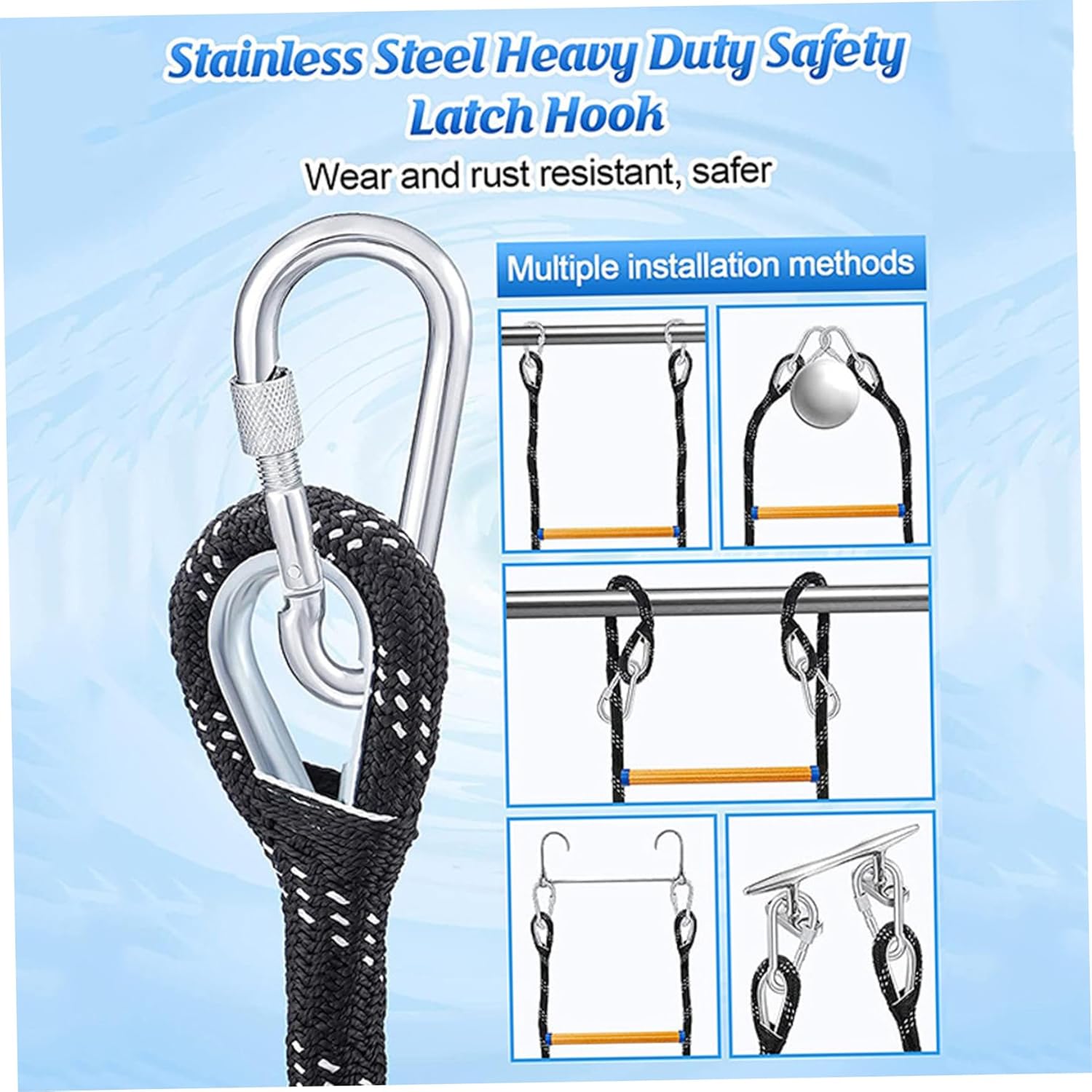 Boat Rope Ladder, 43.3" 4 Steps Heavy Duty Rope Ladder with Stainless Steel Latches Hook, Non Slip Step Boat for Fishing, Rv Bunk, Inflatable, Kayak, Motorboat