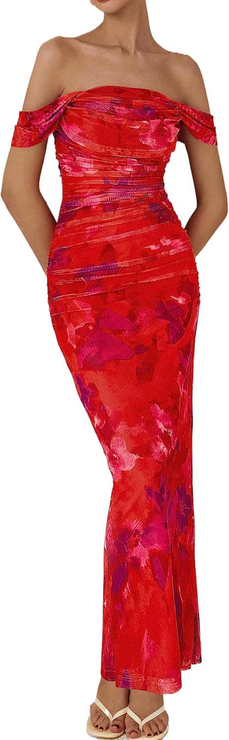 PRETTYGARDEN Cocktail Dresses for Women 2026 Summer Floral Off Shoulder Ruched Mesh Elegant Wedding Guest Maxi Dress - Image 4