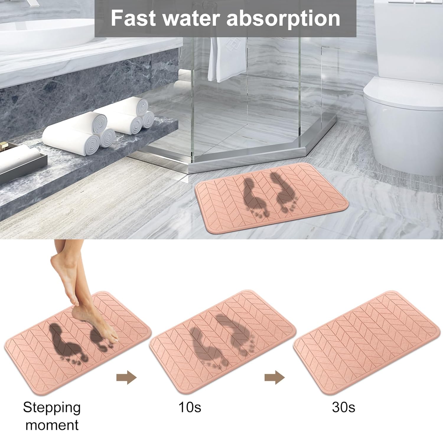 JUERLEN 2 Pack Diatomaceous Earth Shower Mat, Stone Bath Mat, Nonslip Super Absorbent Fast-Drying Hard Bath Mat for Bathroom Shower Floor, 24 x 16 inch, Pink Arrow Design