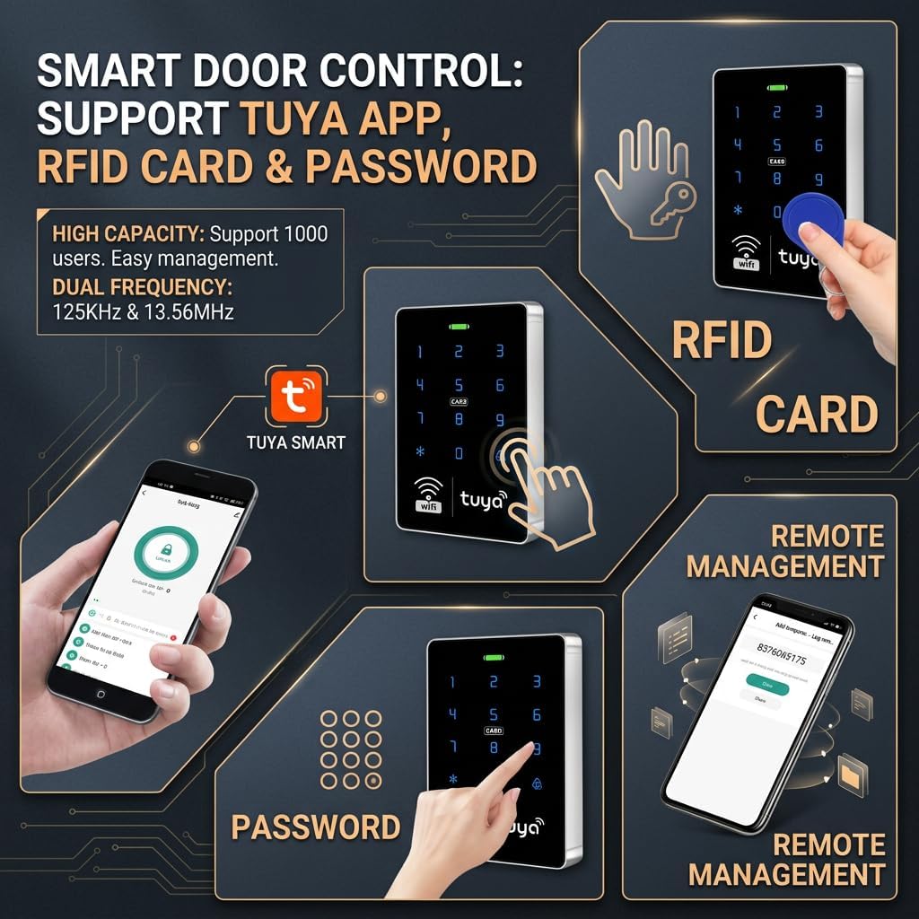Tuya APP Kit de contrôle d'accès RFID double fréquence IP68 étanche, Wiegand 26/34, lecteur de carte 13,56 MHz + 125 kHz, rétroéclairage bleu, adapté pour le contrôle d'accès résidentiel et commercial