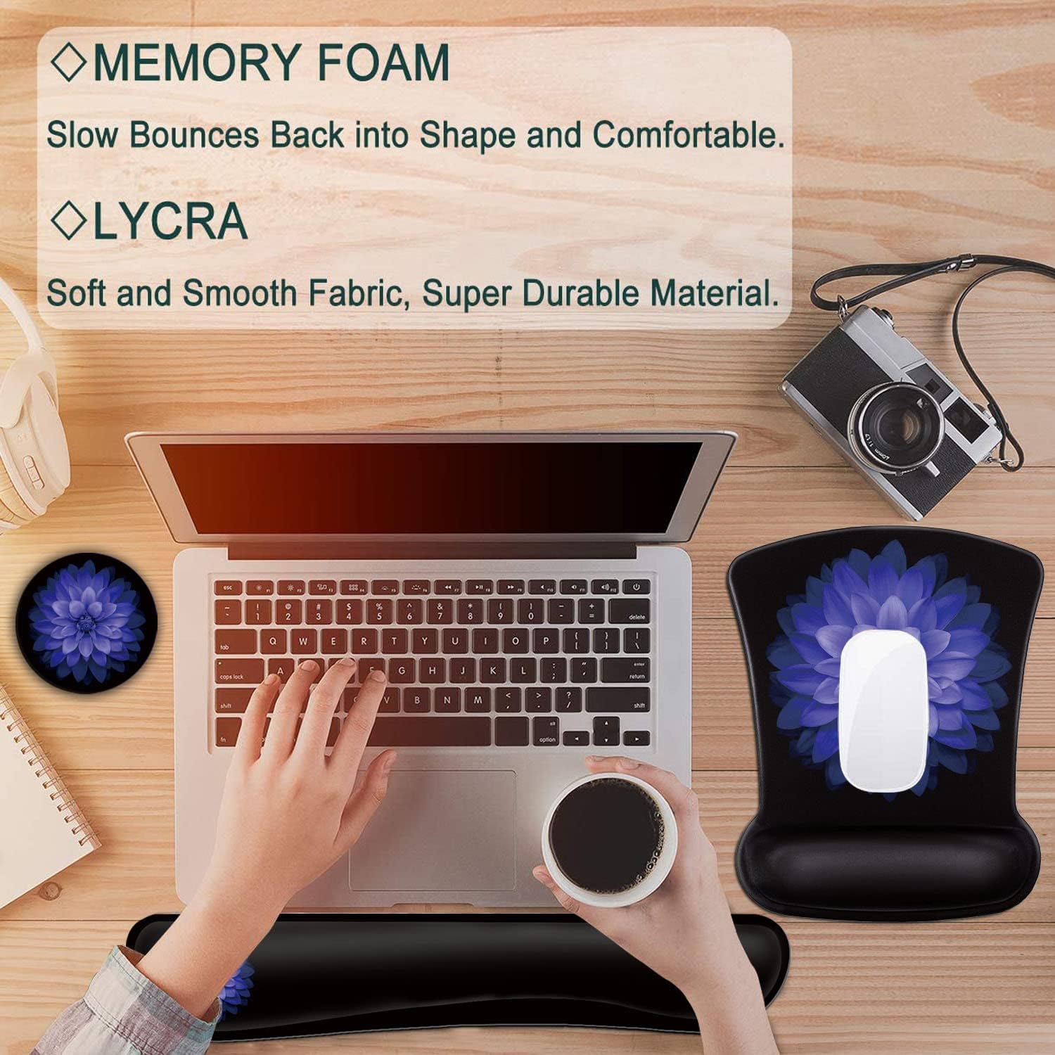 Keyboard Wrist Rest and Mouse Pad Wrist Support Set,Purple Flowers Ergonomic Gel Mouse Pad,Easy Typing Pain Relief, Memory Foam Keyboard Mousepad Set with Coasters
