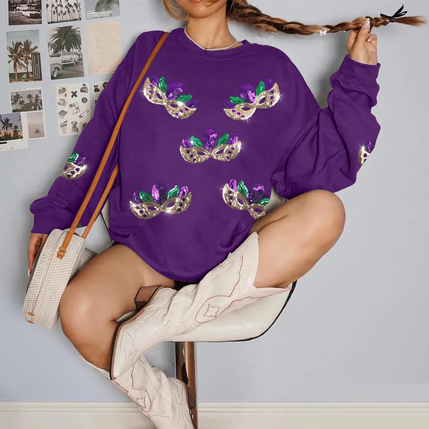ASTANFY Womens Mardi Gras Sweatshirt Carnival Sequin Purple Sweater Masks Graphic Shirt Crewneck Long Sleeve Tops - Image 5