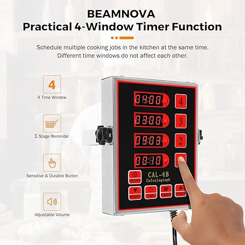 Miniatura 2 de BEAMNOVA Temporizador de cocina digital de 4 canales que cocina alarma fuerte reloj de acero inoxidable horas y minutos segundos Control de volumen