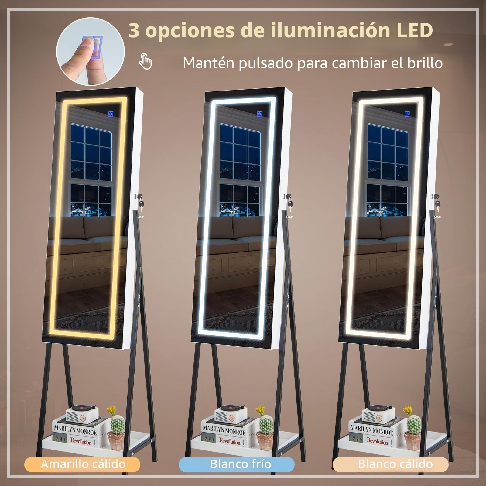 GOPLUS Espejo Joyero con Cerradura y Luz LED de 3 Colores