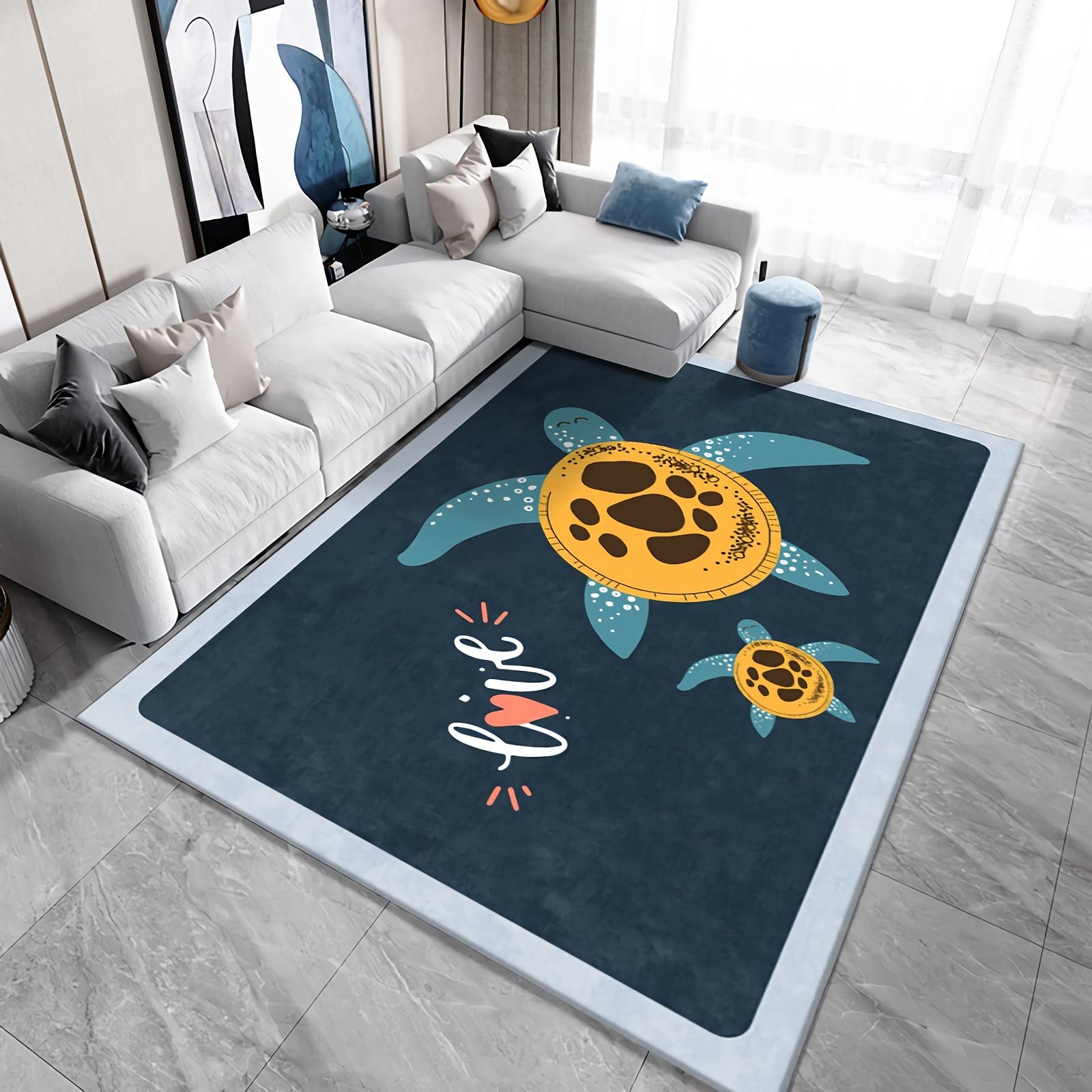 Tapis Tapis Chambre ado Fille Tapis ado Tapis pour Enfant Motif Tortue Doodle Mignon Bleu Jaune Tapis Chambre Enfant Garcon 60x120cm