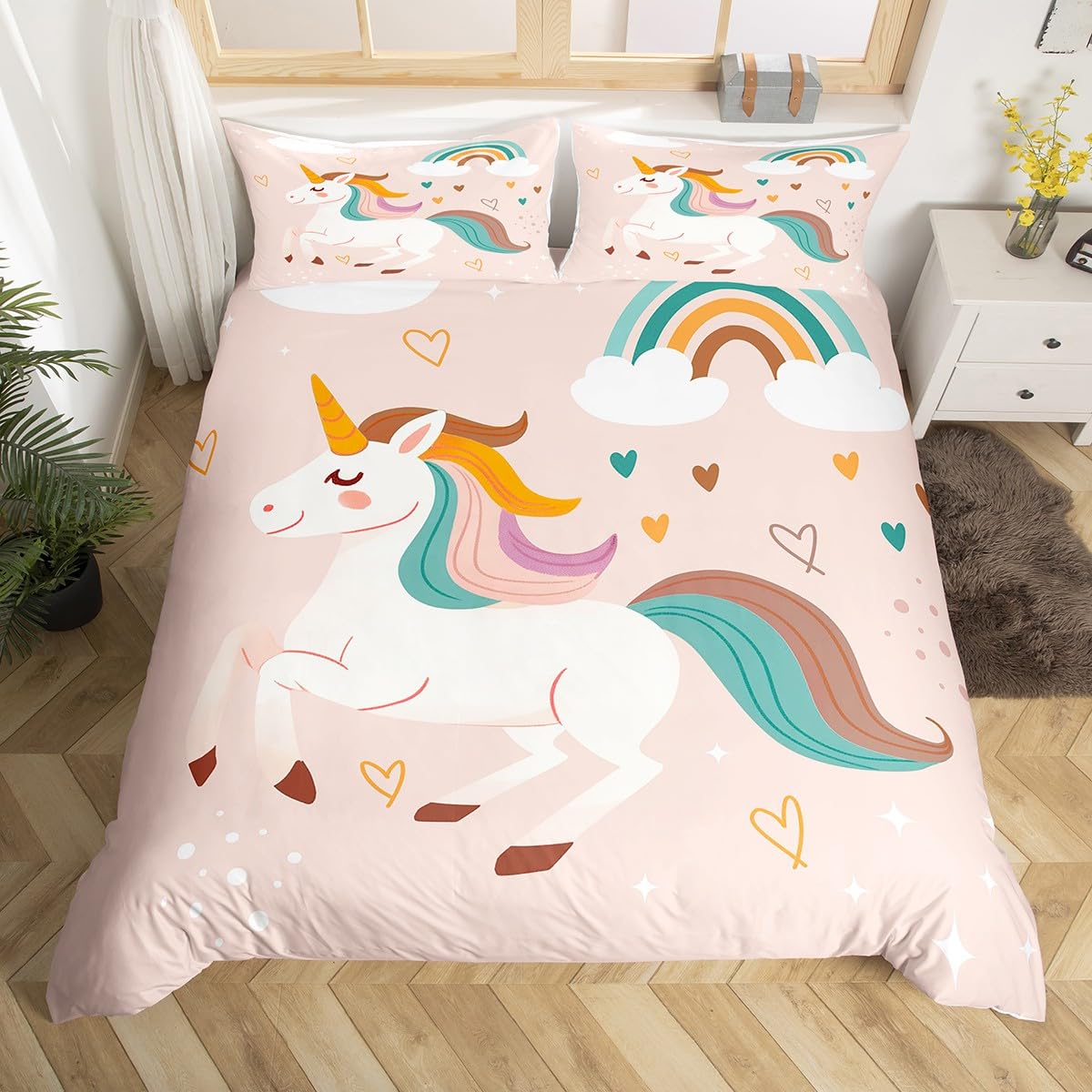 Homewish Cute Unicorn King Duvet Cover Set Rainbow Unicorn Toddler Bedding Set for Kids Girls Kawaii Love Hearts Decor Quilt Cover Reversible Cartoon Animal Bed Sets