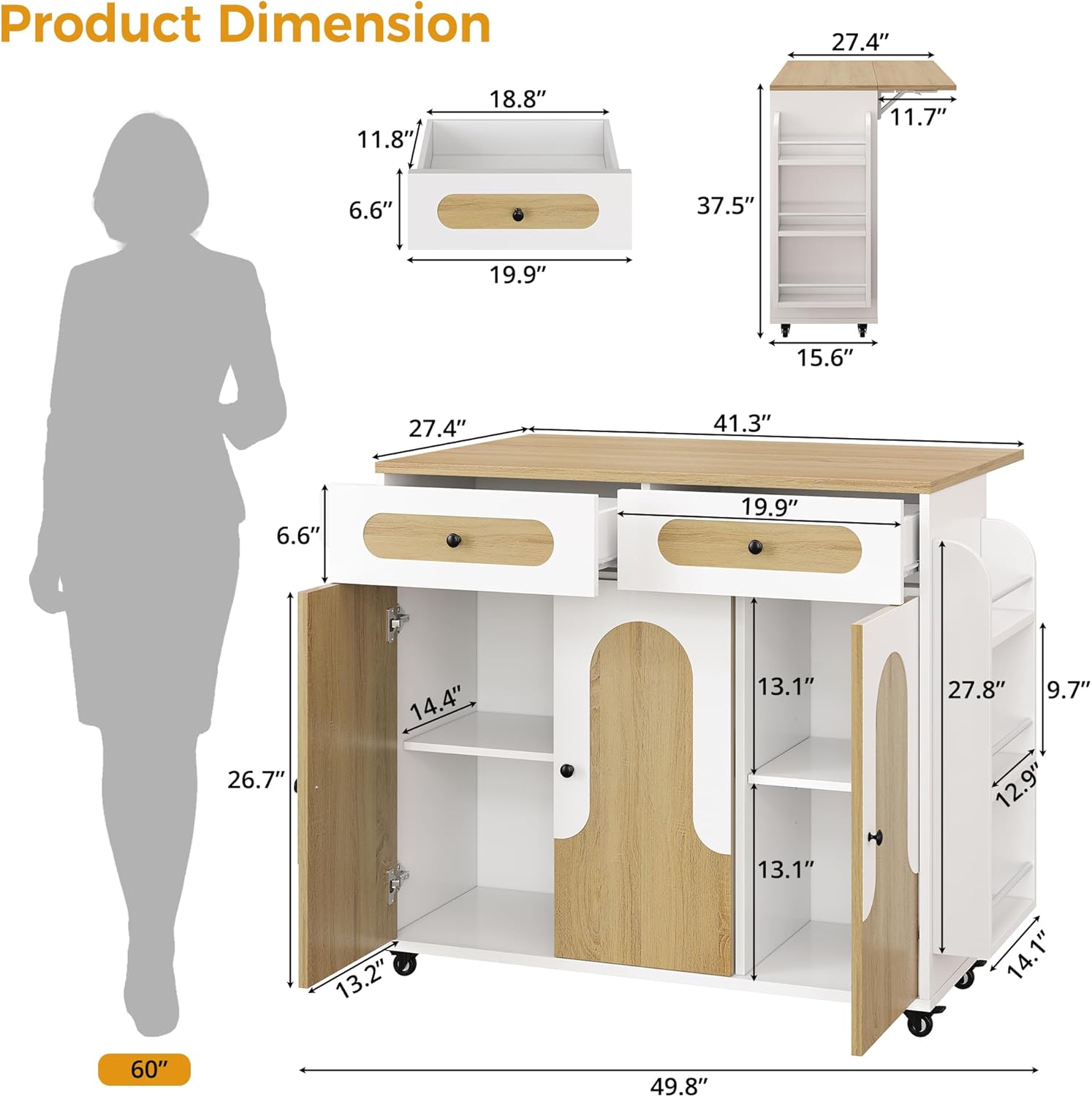 IRONCK Kitchen Island with Storage, Rolling Kitchen Island Cart with Drop Leaf Countertop, Multi-Function Mobile Kitchen Island with Side Shelves for Dining Room, White & Natura