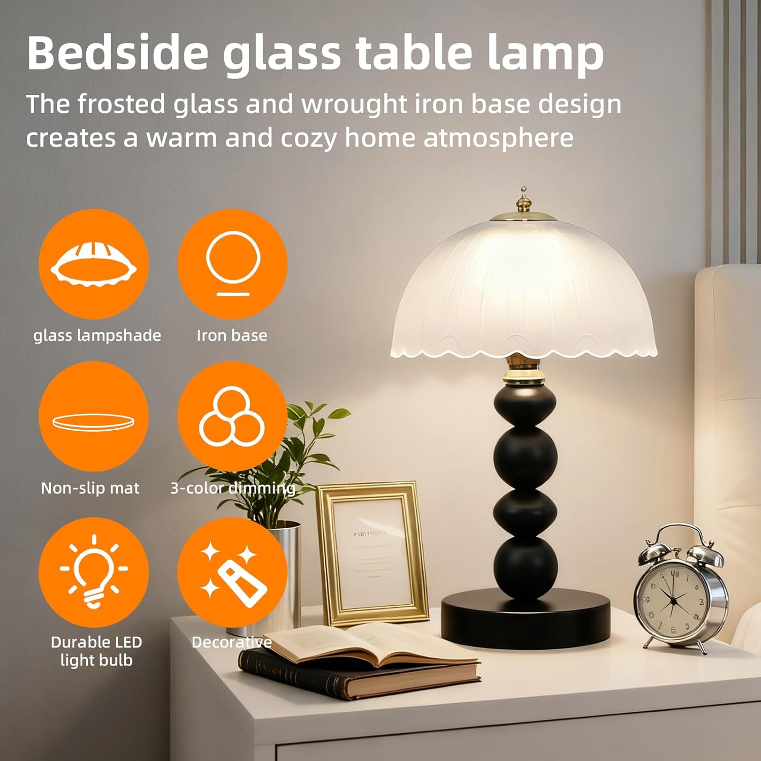 Small Vintage Table Lamp, Mushroom Lamp with Glass Shade, European-Style Bedside Light, 3-Color Dimmable Desk Lamp with Line Control Switch and Metal Base for Bedroom, Living Room, Study