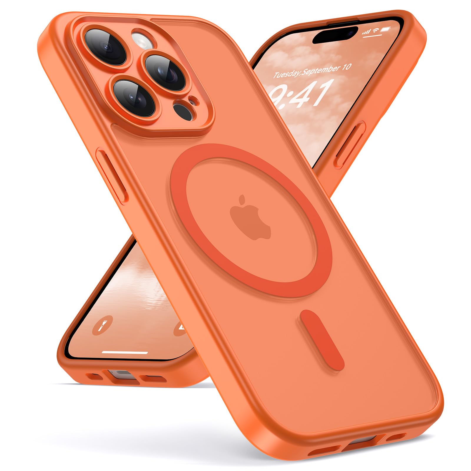 Oududianzi - Magnetica Cover per iPhone 14 Pro Max Magsafe, Arancione | Custodia Traslucida Posteriore PC Silicone TPU Bumper, Protezione Della Fotocamera, Cover Militare Antiurto Anti-Impronte