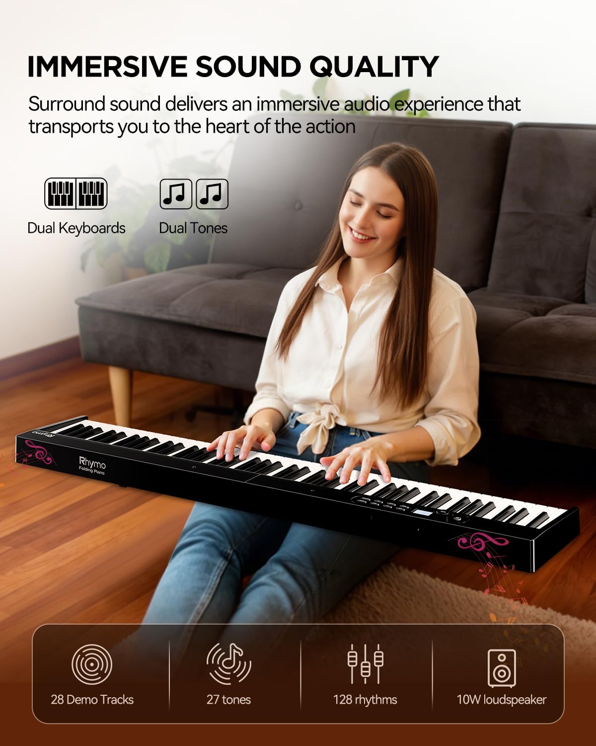 Rhymo Tastiera per pianoforte portatile, 88 tasti, semi-ponderata, pieghevole, pianoforte digitale da viaggio con display LCD, pedale di sostegno e auricolari per adulti principianti