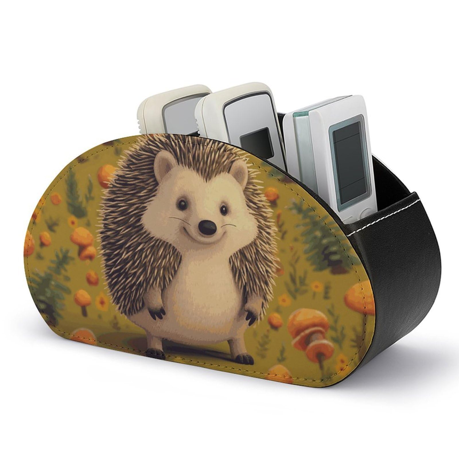 DWVTSLH Hedgehog Remote Control Holder with 5 Compartments - PU Leather TV Remote Holder Remote Caddy Desktop Organizer Makeup Brush Holder, Remote Storage Box for Home Office