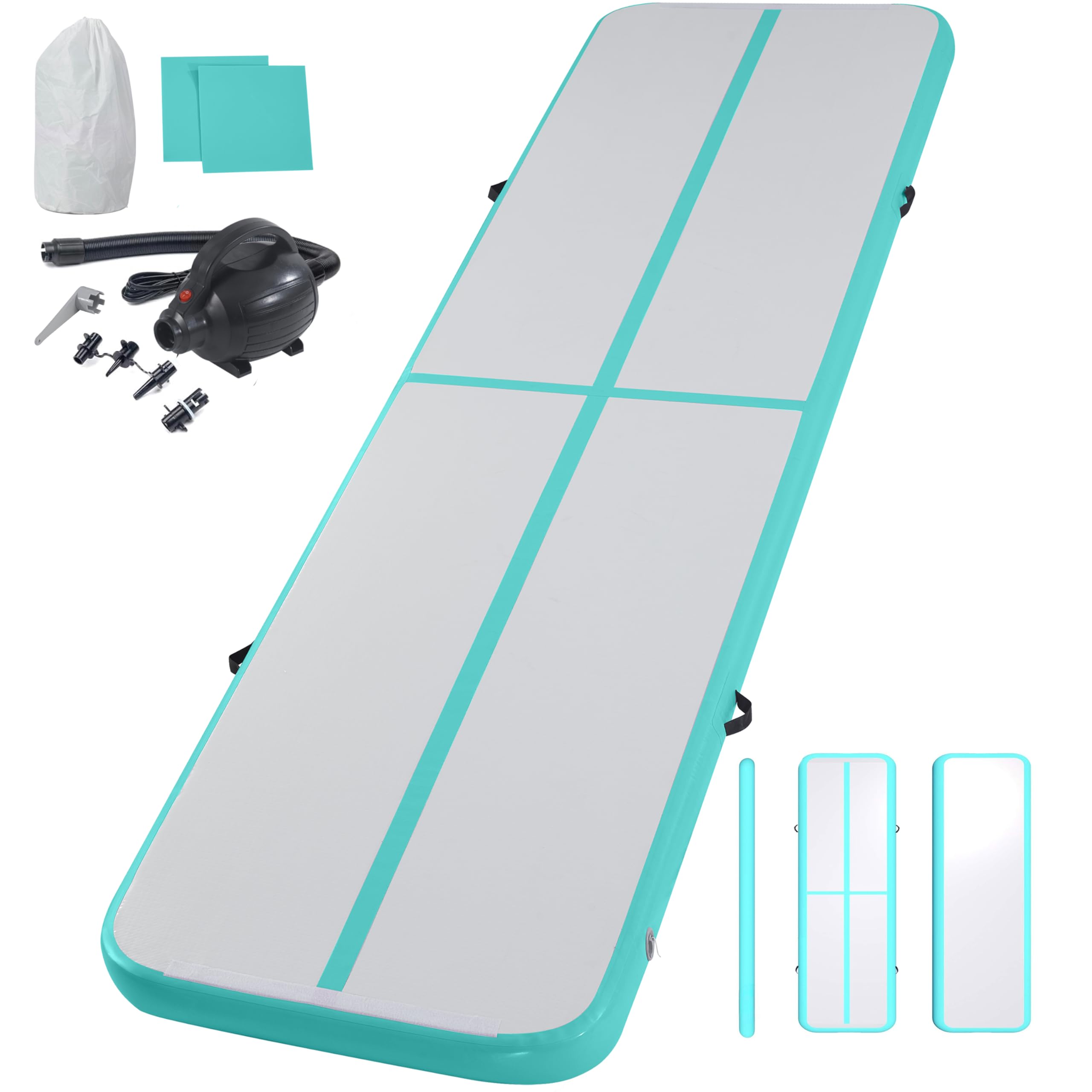 LSLIFE Air Gymnastics Track Inflatable Tumble Track Mat, 10ft 13ft 16ft 20ft Air Tumbling Mat with Air Pump Gym Tumbling Floor Mats for Home Use/Cheerleading (Green, โ16ft*3.3ft*4in(500x100x10cm))
