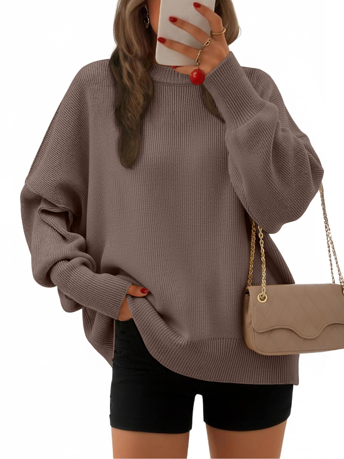 EFAN Women's Oversized Sweaters 2025 Fall Crewneck Batwing Sleeve Pullover Sweaters, Nutmeg, M
