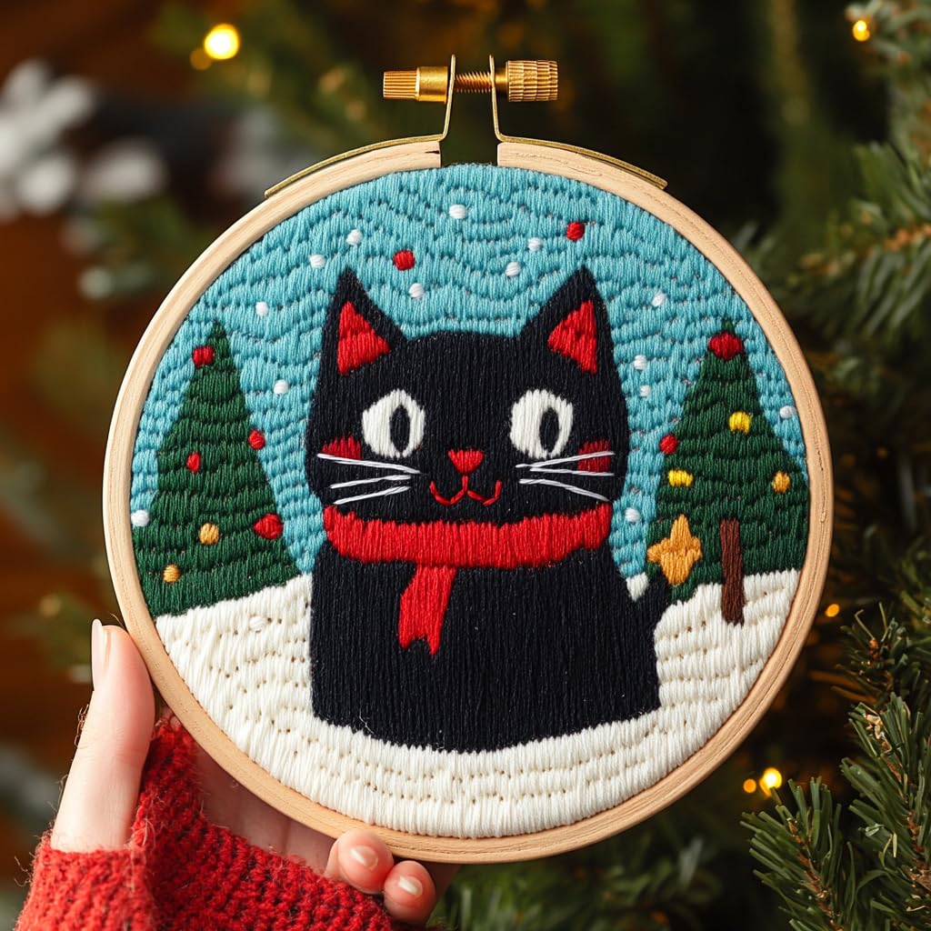DIY Punch Needle Kits for Beginners Black Cat with Christmas with Hoop Embroidery Punch Needle Starter Craft Set Easy for Adults and Children Festival Gift and Decoration 20x20cm-1