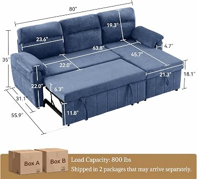 Tbfit 80'' Sleeper Sofa Bed, 3 in 1 Cloud Pull Out Sofa Couch with USB & Storage Chaise, Chenille Convertible Sofa Bed with Pull Out Bed, Couches for Living Room, Apartment, Office, Blue