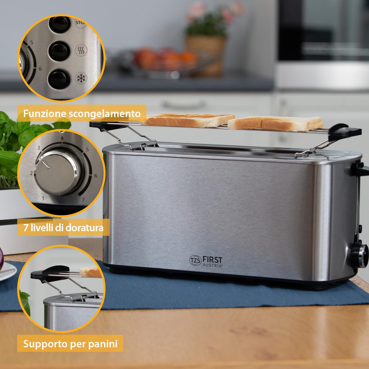 TZS First Austria Tostapane a fessura lunga, acciaio inox, 4 fette, 1400 W, con scalda panini rimovibile, vassoio raccogli briciole, centratura del toast, rivestimento anti-impronta.