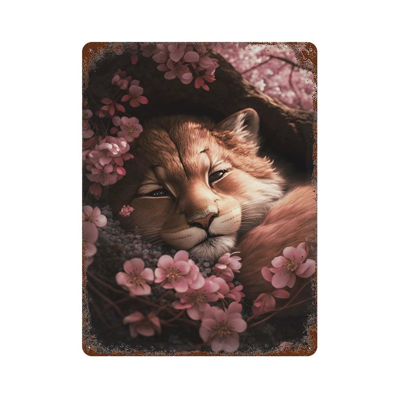 Cute Lion Cub Sleeping Aged Metal Wall Plaque 15.7"x11.8", Ideal for Patio, Garden Room And Bar Decor