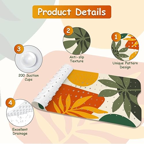 Miniatura 4 de Tapete de bañera antideslizante, tapete de baño bohemio para bañera, tapete de ducha extra largo con ventosas y agujeros de drenaje para niños
