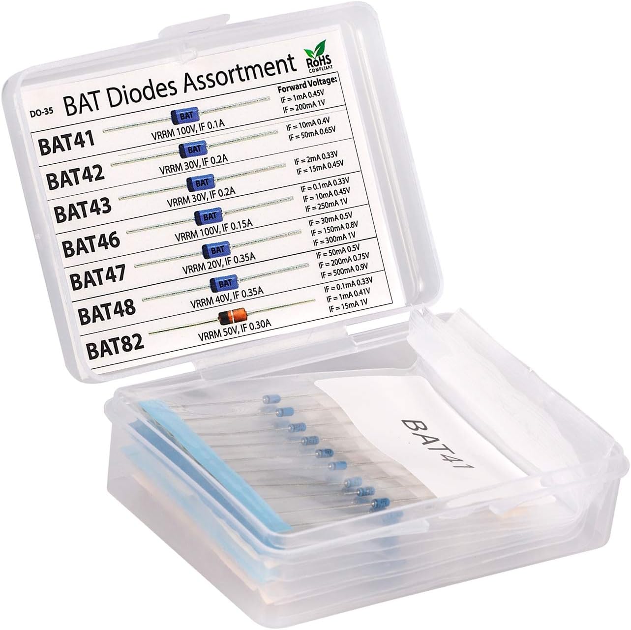 3pdt 70 pcs Blue Schottky Diode Assortment Kit: BAT41, BAT42, BAT43, BAT46, BAT47, BAT48, BAT82